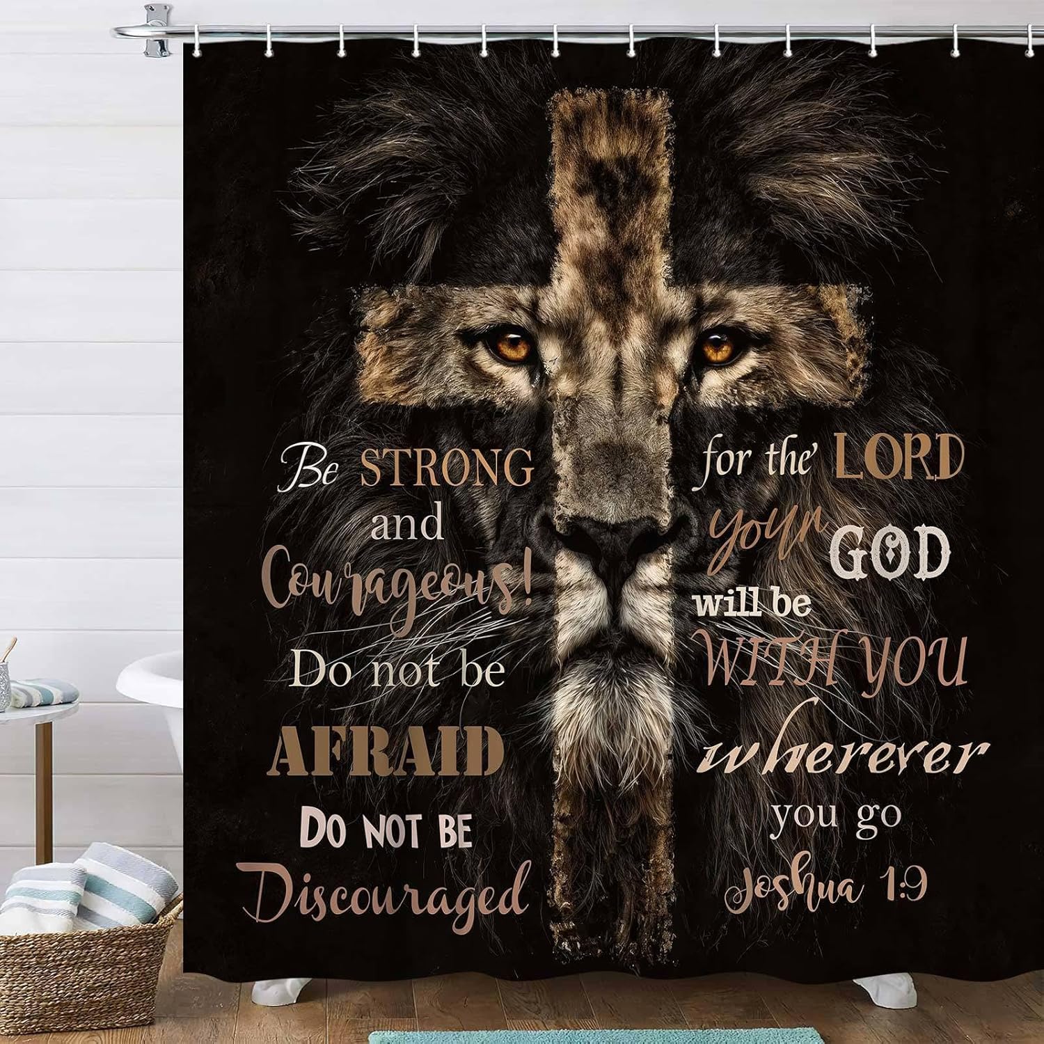 Black Lion Shower Curtain for Mens Bathroom, Christian Inspirational Bible Verse Bath Curtain, Powerful Majestic Leo King Boys Man Waterproof Polyester Fabric Bath Curtain,72X84IN