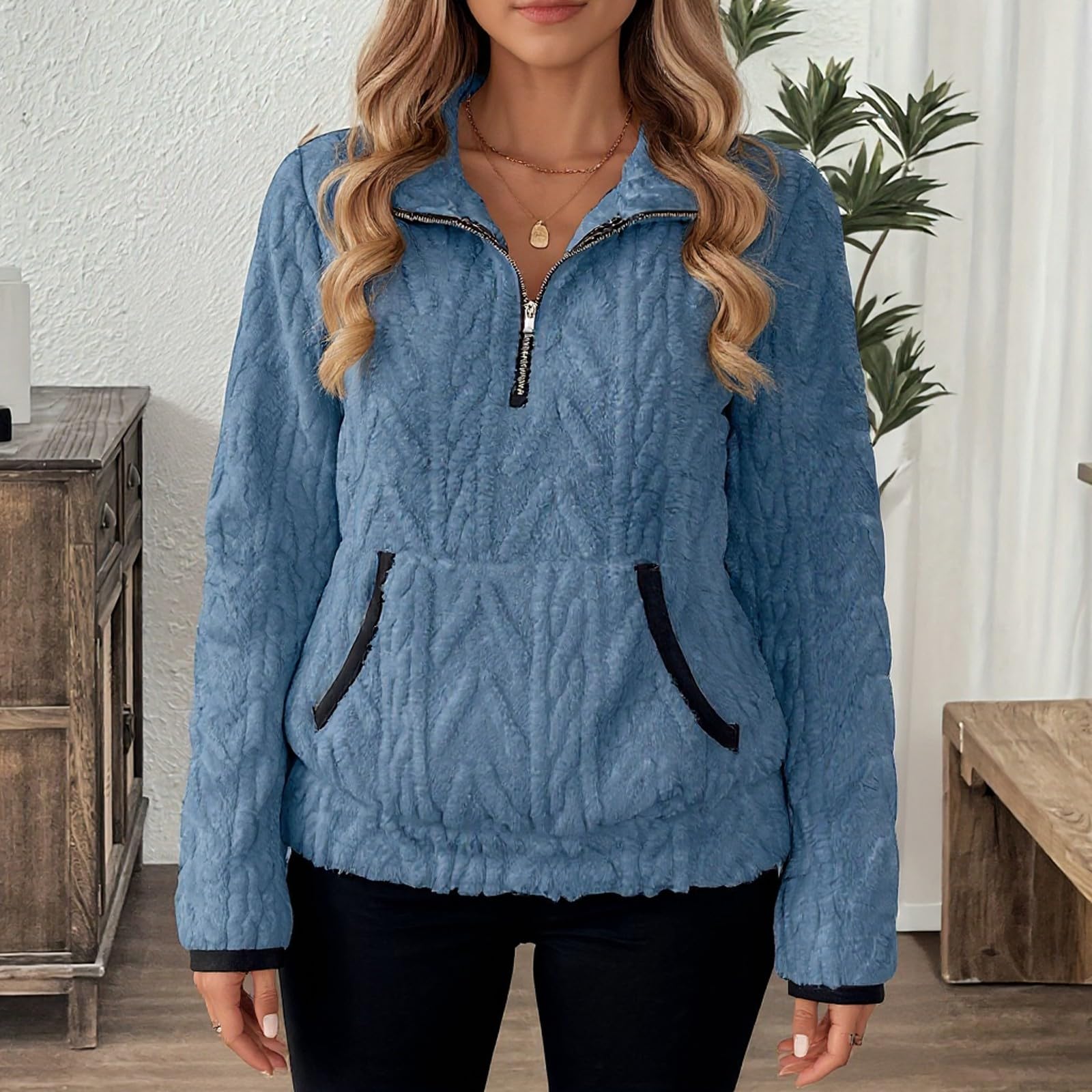 Polaire Femme Zippée Sweat Femme sans Capuche Automne Et Hiver Chaud Pull avec Poches Chic Et Élégants Manches Longues Sweatshirts Décontracté Thermique Sweat-Shirt Couleur Unie Haut Top