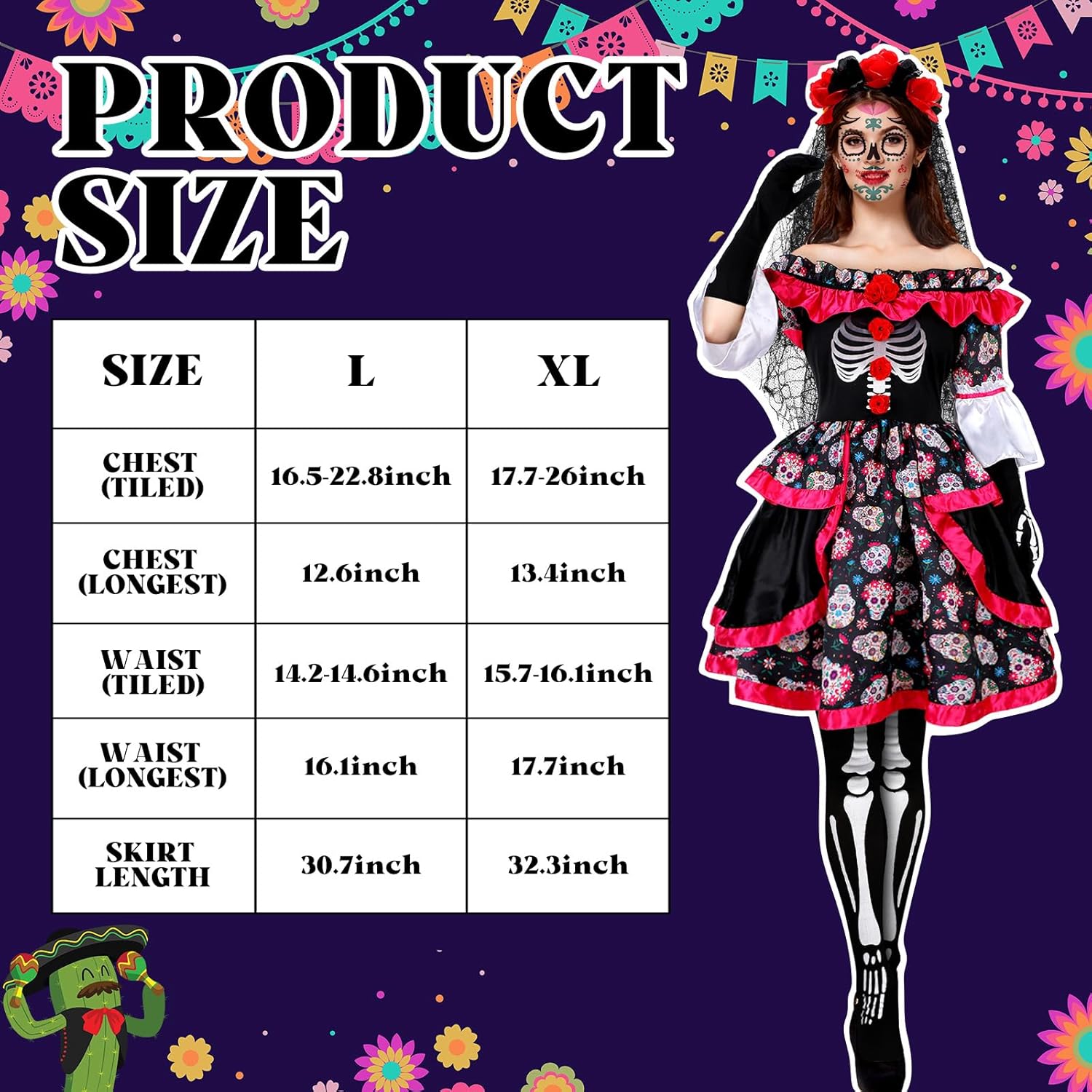 5 Pcs Women Day of the Dead Costume Halloween Black White Skull Skirt Gloves Stocking Face Tattoos Floral Crown Veil