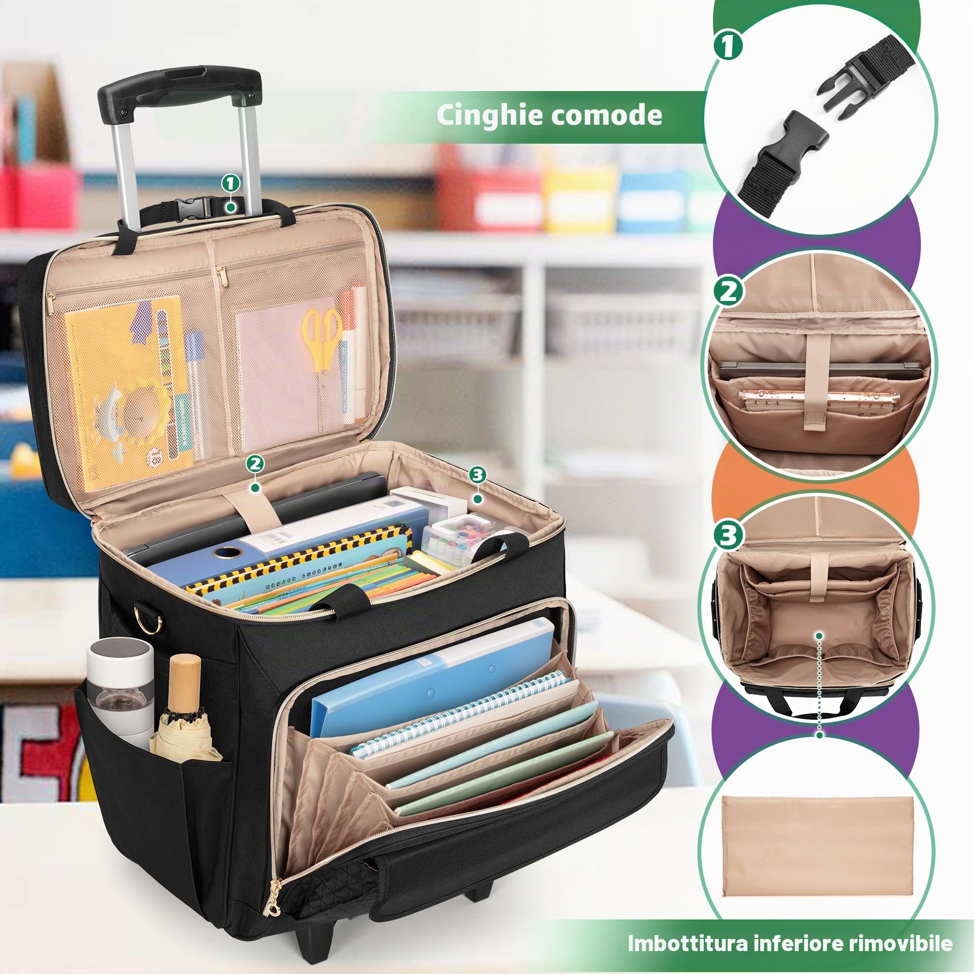 Luxja Borsa per Insegnante con Rotelle con Scomparto per Laptop, Nero | Borsa da Lavoro per Insegnanti con Carrello Staccabile e Area File della Fisarmonica (Solo Borsa)