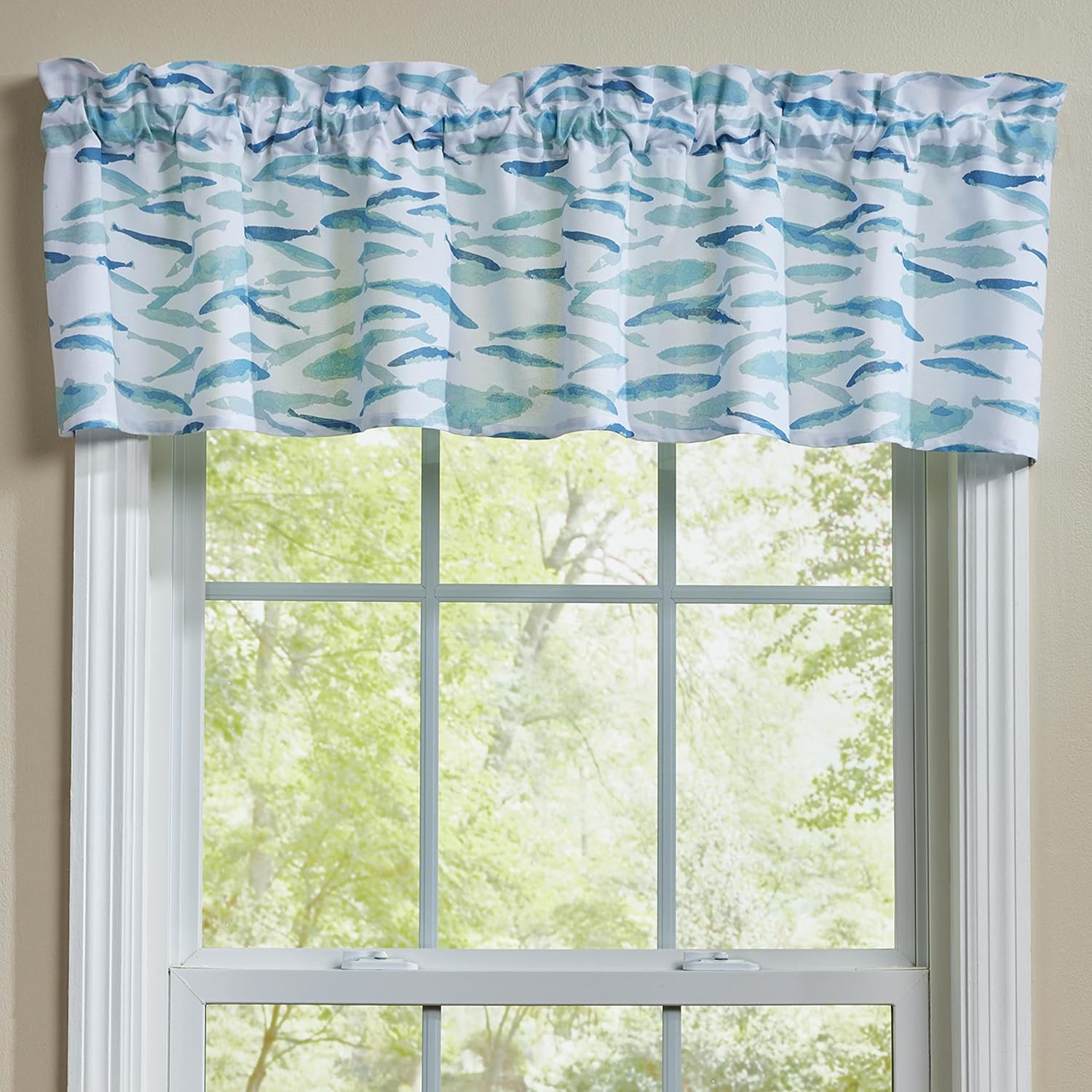 Split P School's Out Fish Valance 60" x 14", Blue Aquatic Printed Short Café Curtain, Unlined Cotton Fabric Oceanic Window Topper for Beach Coastal Decor and Nautical Kitchen Styles