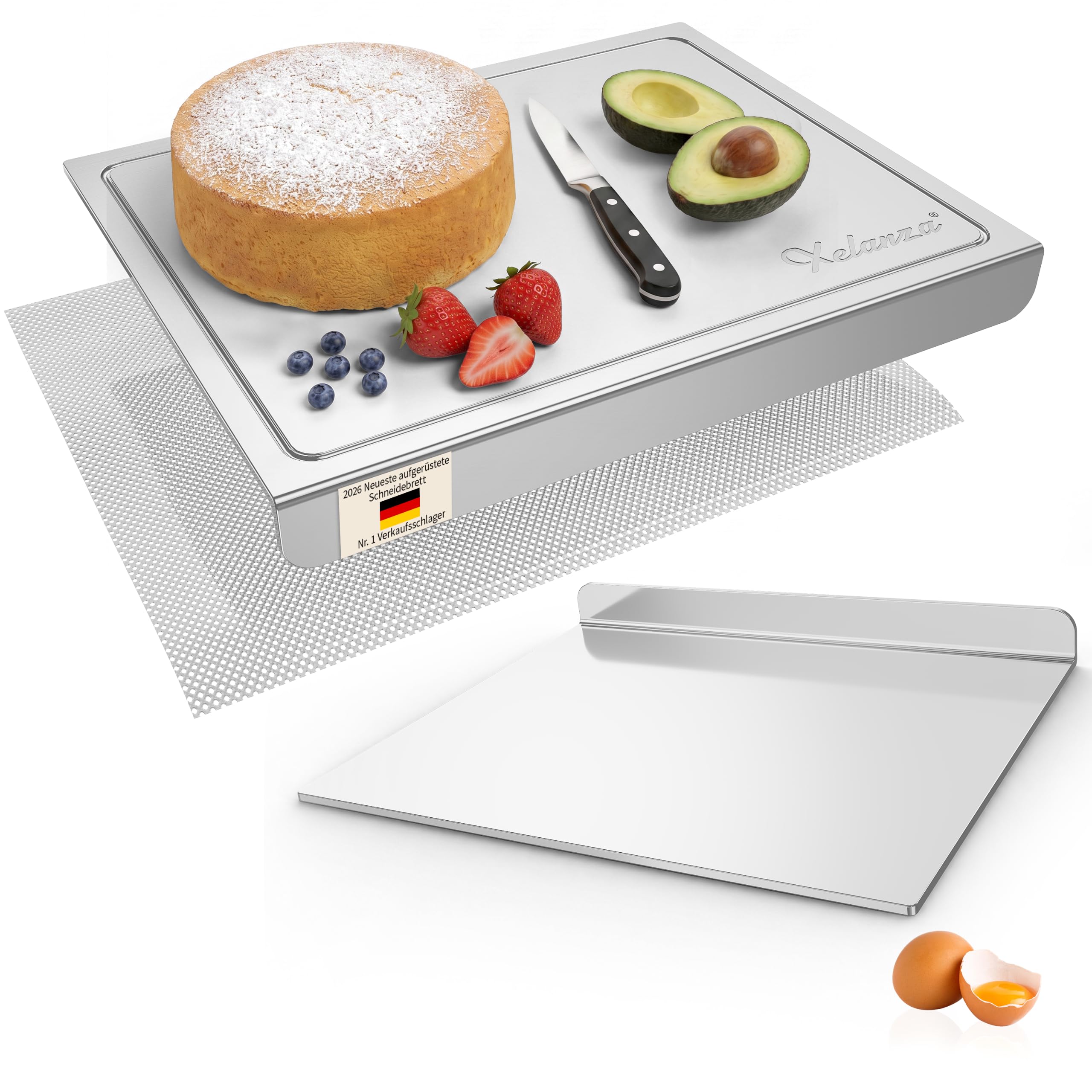 2026 Neue Edelstahl-Schneidebretter für die Küche, Schneidebretter mit Saftrille, Metall-Knetbrett mit Anschlagkante zum Backen, Schneidebrett für die Arbeitsplatte zur Zubereitung (50X50CM)