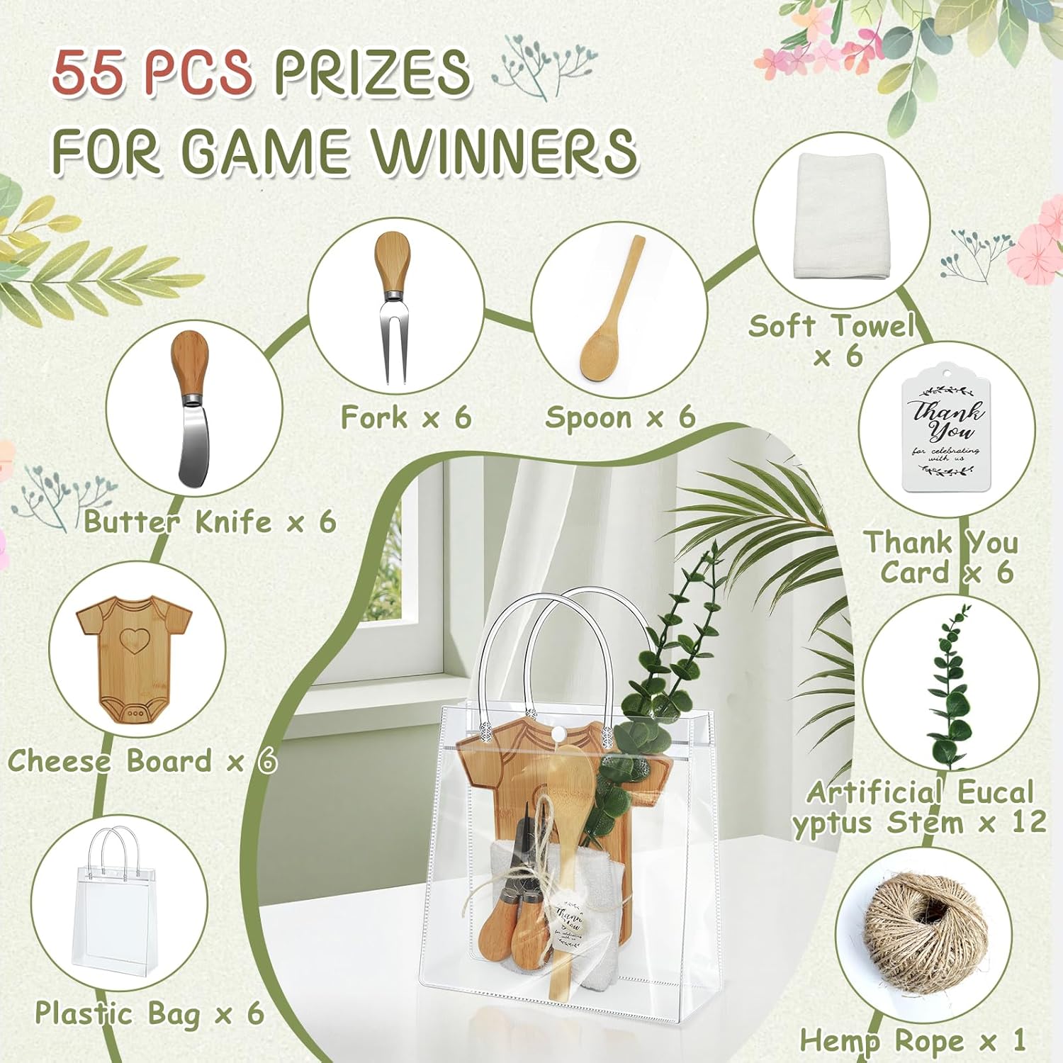 AZEAM 55Pcs Baby Shower Prizes for Game Winners, Bridal Shower Prizes with 6 Sets Clothes Cheese Board Spoon Fork Butter Knife Towel Card Plastic Bag Branch, Wedding Shower Favors for Guests