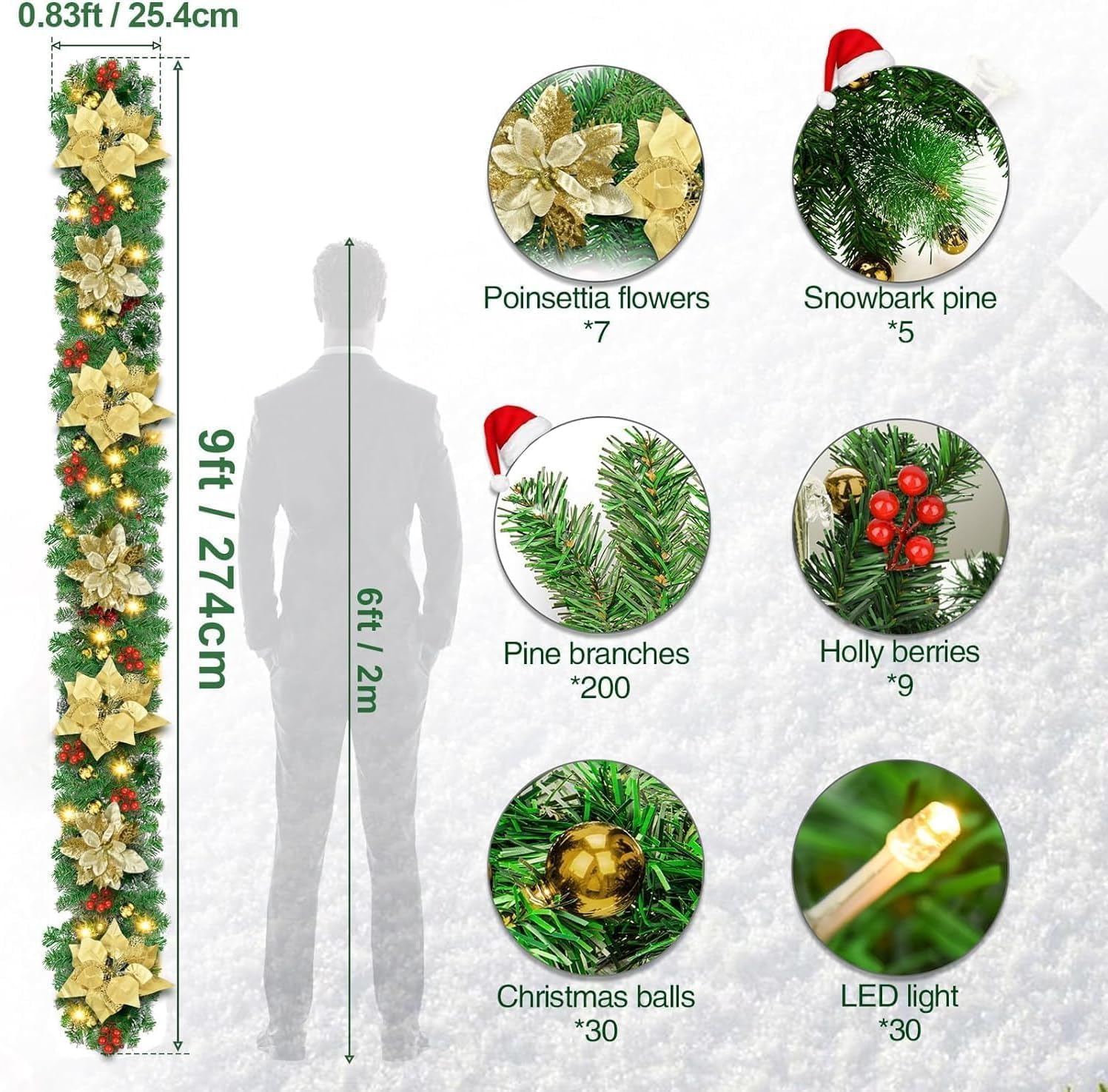 SHAVINGFUN Guirlande de Noël,Guirlande de noël Lumineuse,Guirlande Sapin Artificiel,2.7M LED à Pile Guirlande Noel Exterieur,pour Mur,cheminée,escalier,décoration de Noël (Or)