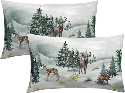 Juego de 2 fundas de almohada lumbares de Navidad de 12 x 20 pulgadas, diseño de copos de nieve, con estampado de acuarela, ciervos, copos de nieve,