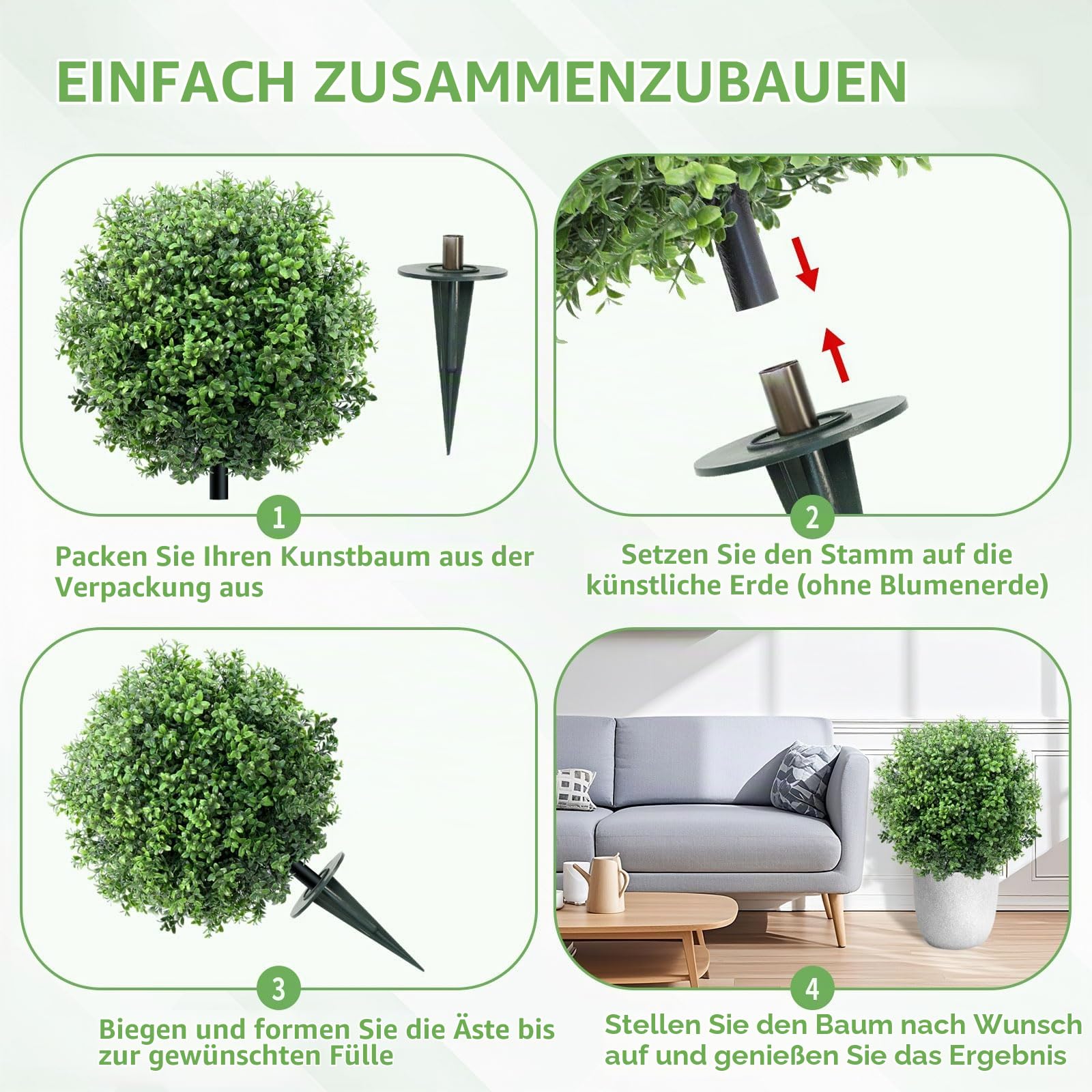 24-Zoll (60 cm) 2er-Set künstliche Buchsbaumkugeln – Frost- & UV-beständige, immergrüne Gartenkugeln für draußen. Mit Erdspießen für Terrasse, Balkon, Garten, Vorgarten und Innenbereich.