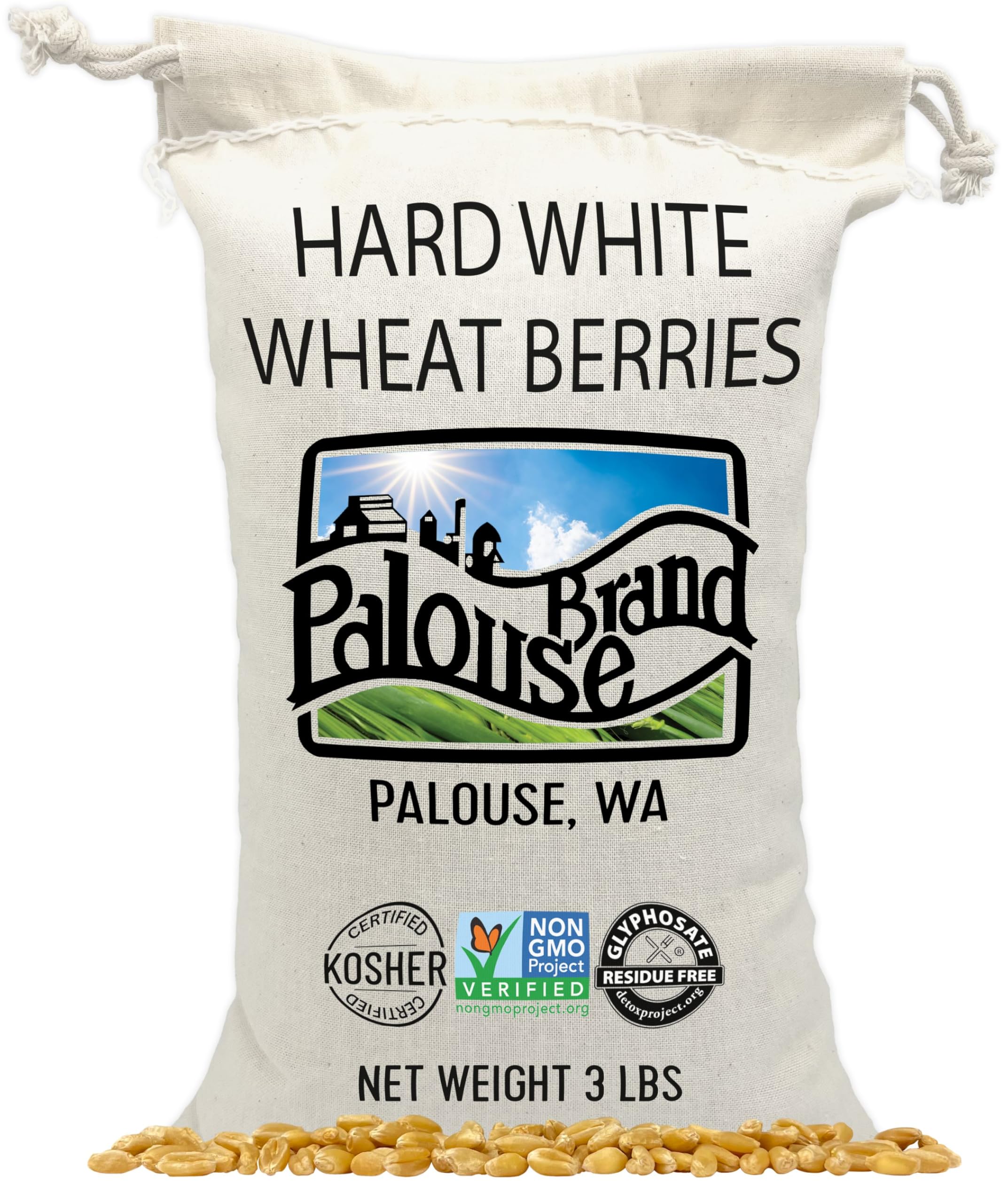 Palouse Brand Certified Glyphosate Residue Free Hard White Wheat Berries | 3 lbs | Cotton Drawstring Bag | Non-GMO Project Verified | Kosher | Family Farmed