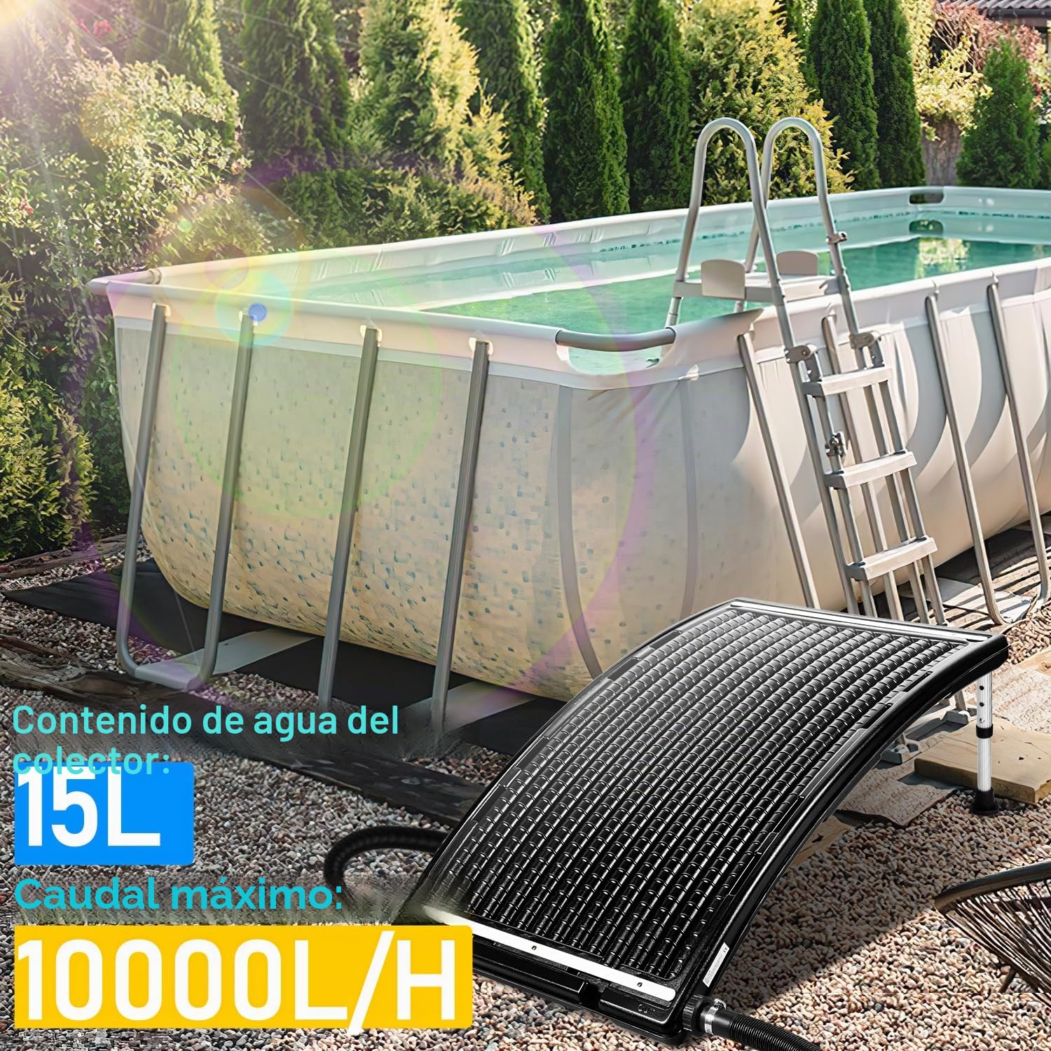Fiqops Calentador solar de piscina, colector solar para piscina 113 x 69 x 35 cm, calefacción solar 10000 L/H, conexión de 32-40 mm, calentador solar para piscina ampliable, sistema solar para agua