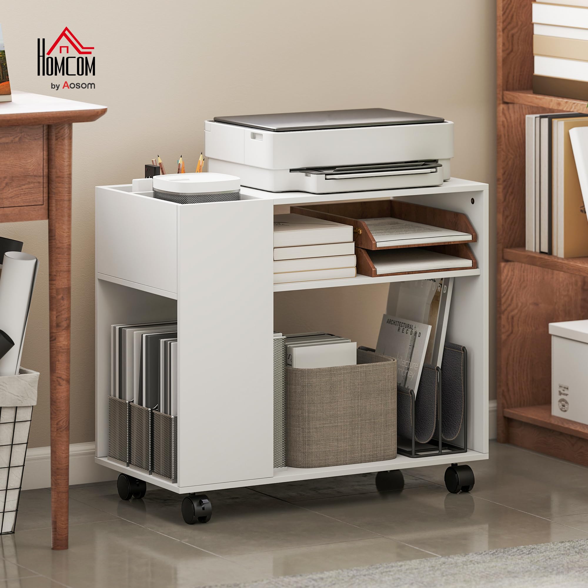 HOMCOM Meuble pour imprimante avec roulettes, meuble de bureau multifonctionnel avec compartiments ouverts, étagère et compartiment, table de chevet pour salon, chambre, bureau et , 70x36x60