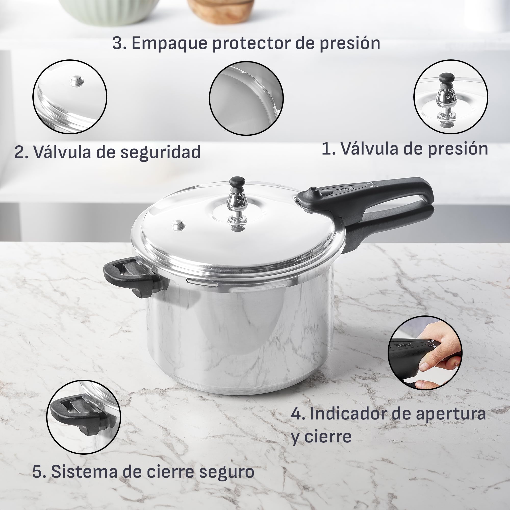 Diagram illustrating the five safety systems of the T-fal pressure cooker: Pressure Valve, Safety Valve, Pressure Protection Gasket, Opening and Closing Indicator, and Secure Closing System.