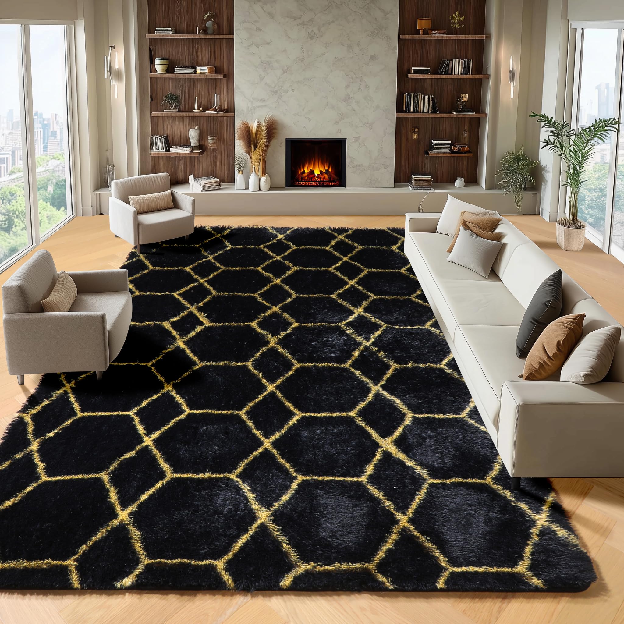 ONASAR 8x10 Area Rugs for Living Room, Fluffy Black and Gold Bedroom Rug, Washable Geometric Boho Large Soft Plush Shaggy Fuzzy Floor Carpet for Nursery Kids Classroom Playroom Dorm Home Decor