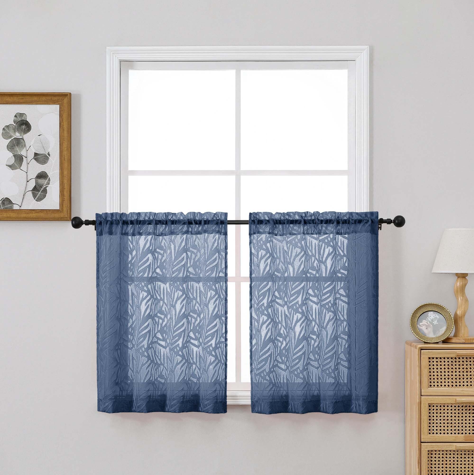 OVZME Dusty Blue Kitchen Sheer Curtains 30 inch Length 2 Panels Set, Voile Light Filtering Farmhouse Leaf Jacquard Short Tier Curtains for Cafe Bathroom Bedroom, Dual Rod Pocket, 2x30Wx30L Inches
