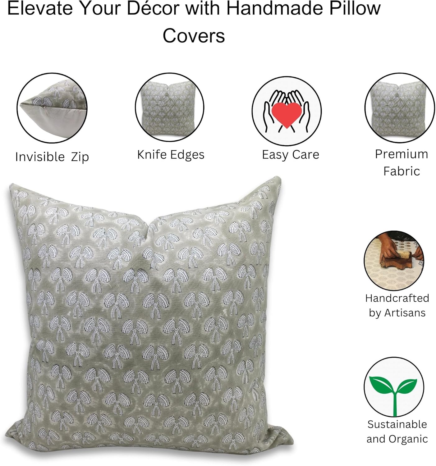 Handmade Block Print Pillow Cover 16X16 Inches Thick Cotton White Throw Boho Pillowcase Cushion Covers for Sofa, Couch, Farmhouse, Mushroom, Green