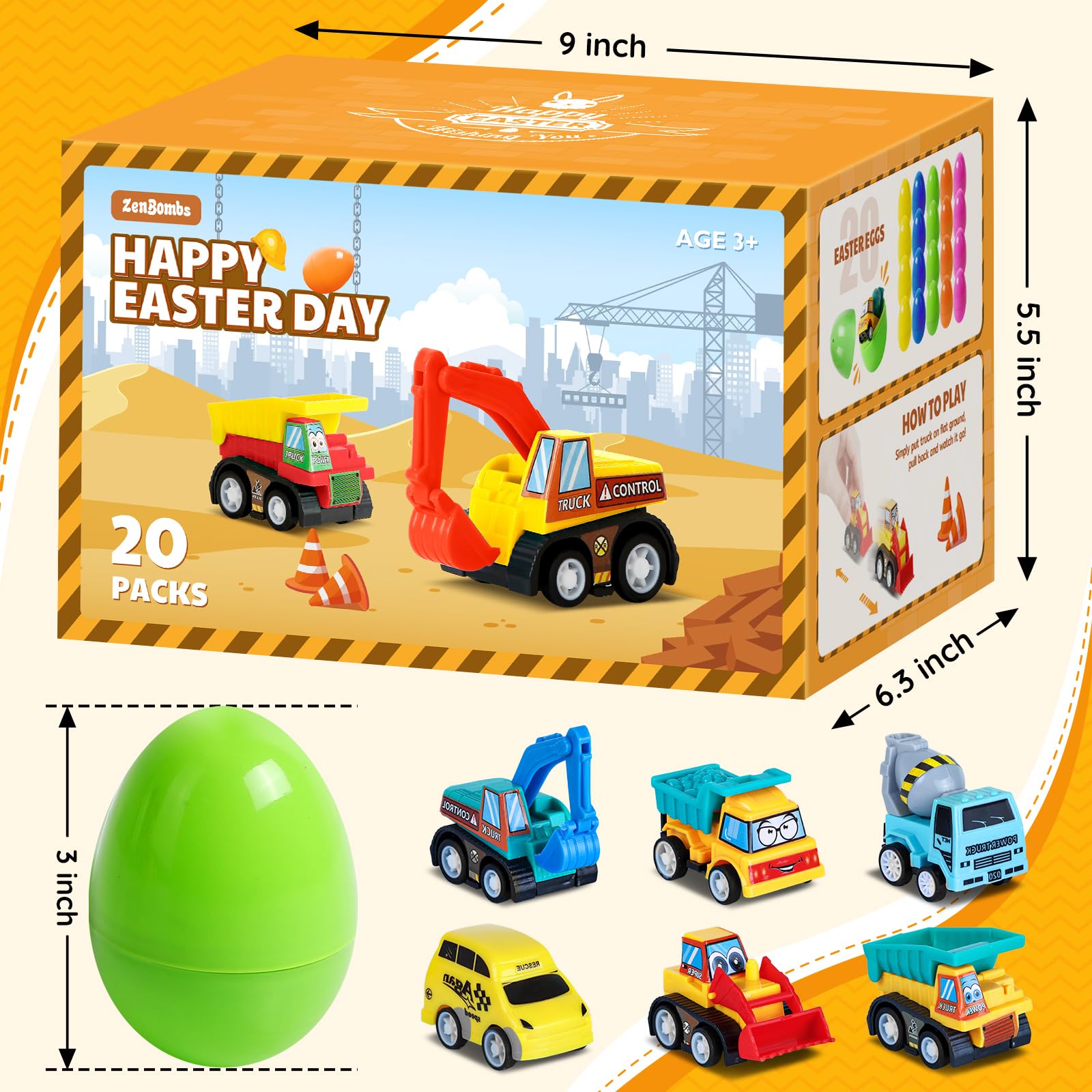 ZenBombs Easter Eggs with Cars Inside - 12 PCS Prefilled Easter Eggs with Pull-Back Toy Cars - Kids Easter Basket Stuffers & Party Favor Toys for Boys and Girls Over Age 3 Years Old