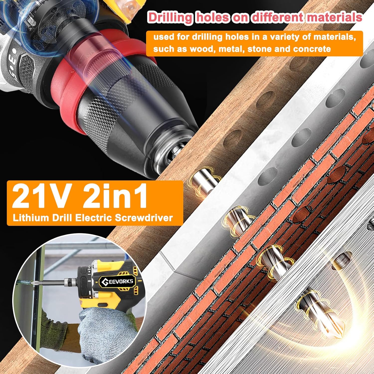 21V 2in1 Lithium Drill Electric Screwdriver Multi-function Power Tool High Torque Brushless Motor Practical Screw Driver for Home Appliances Furniture Installation Automotive Electronics