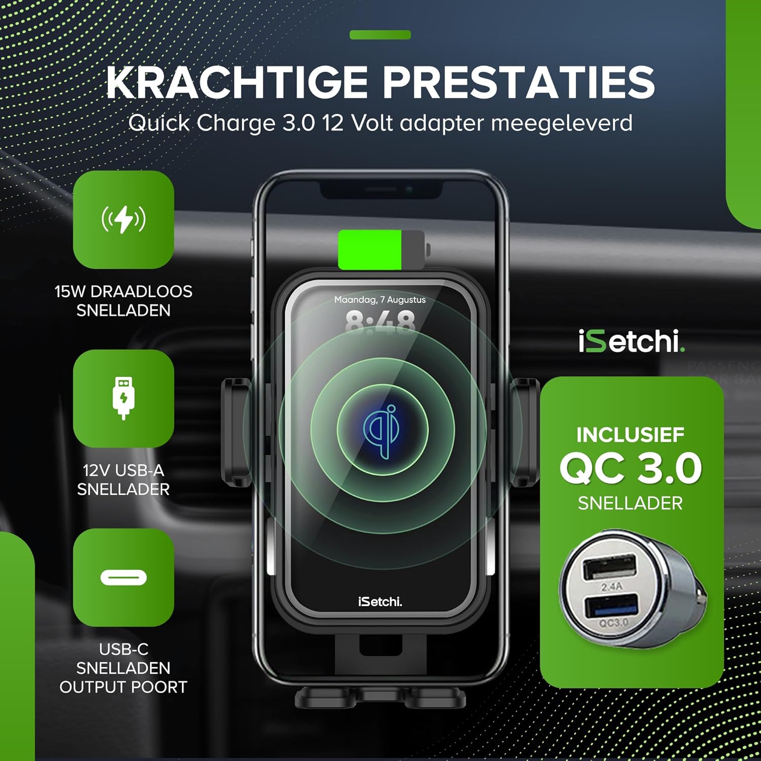 Image detailing the powerful performance of the iSetchi charger, highlighting 15W wireless charging, 12V USB-A fast charger, and USB-C fast charging output port, with an included QC 3.0 fast charger.