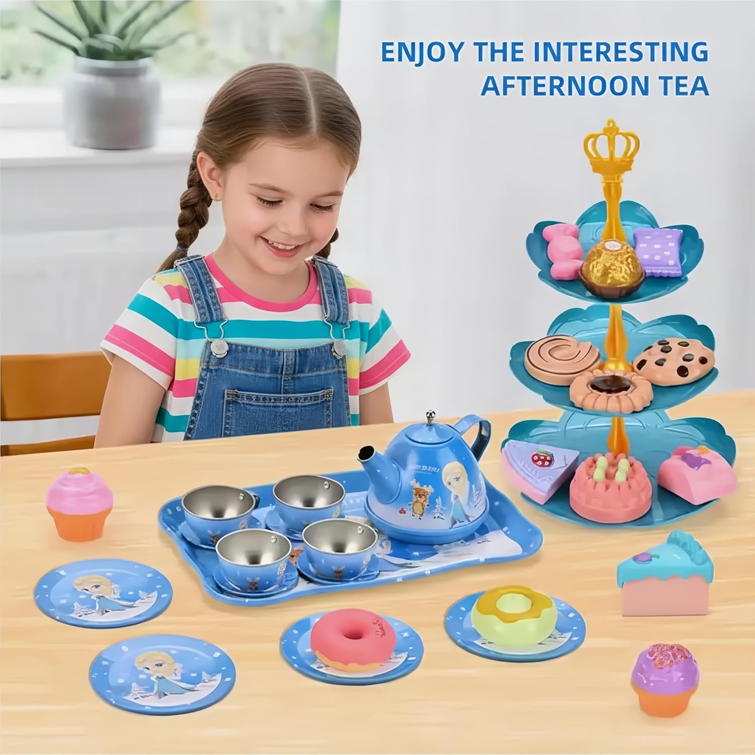 50-Piece Princess Tea Party Set with Teapot, Dessert Tray, Cups & Pastries – Pretend Play Kitchen Toy with Carrying Case, Birthday for Girls Ages 3-8