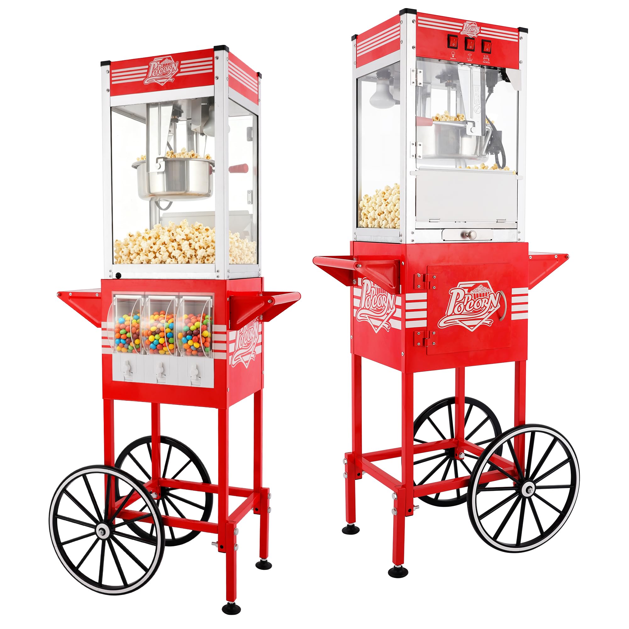 Montary 12 Oz Commercial Popcorn Machine with Cart, Vintage Style Popcorn Maker Equipped with 3 Candy Storage Boxes,Heated Deck &amp; Popcorn Scoops for Home Movie House and Carnival,Red