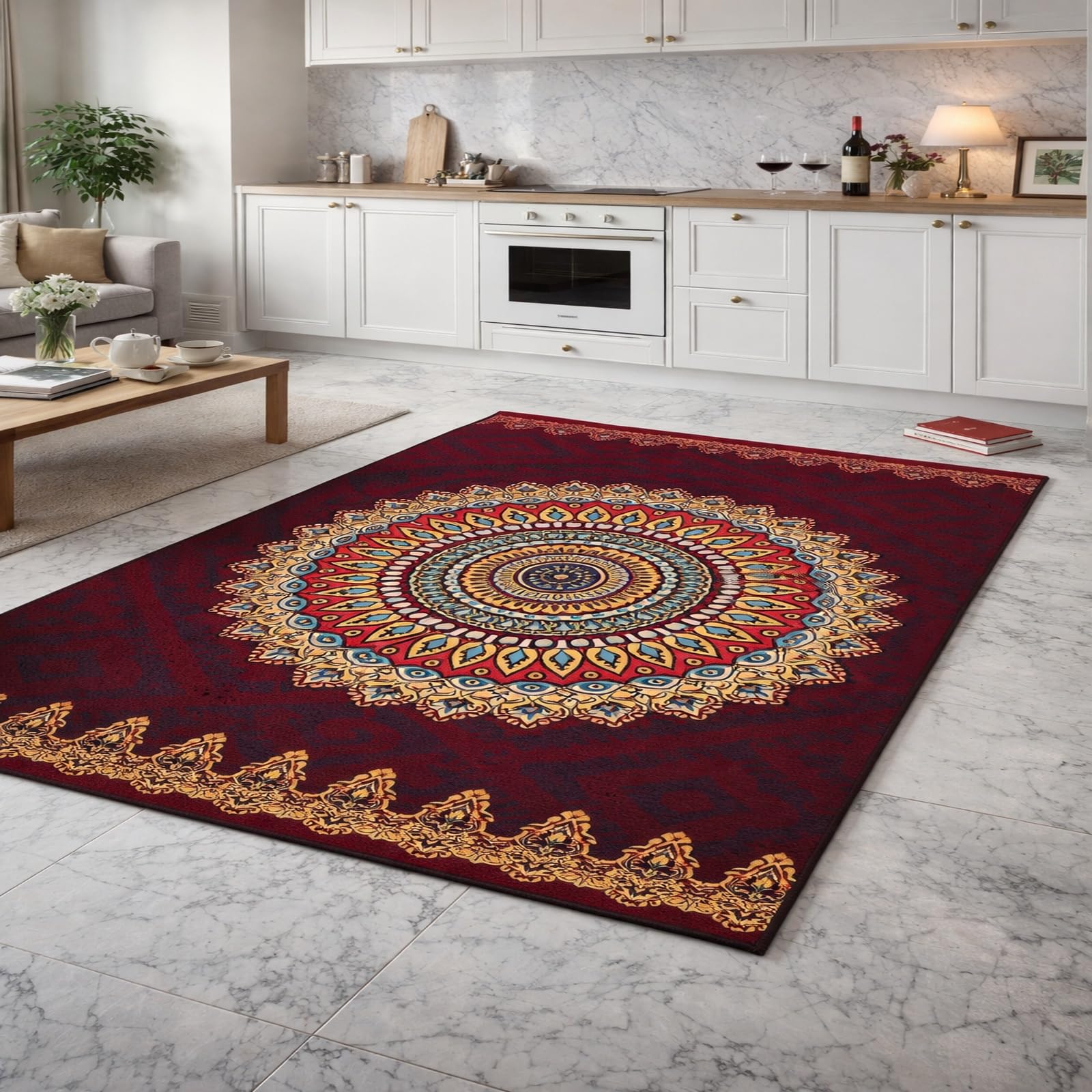 Tapis antidérapant lavable pour chambre et salon rouge