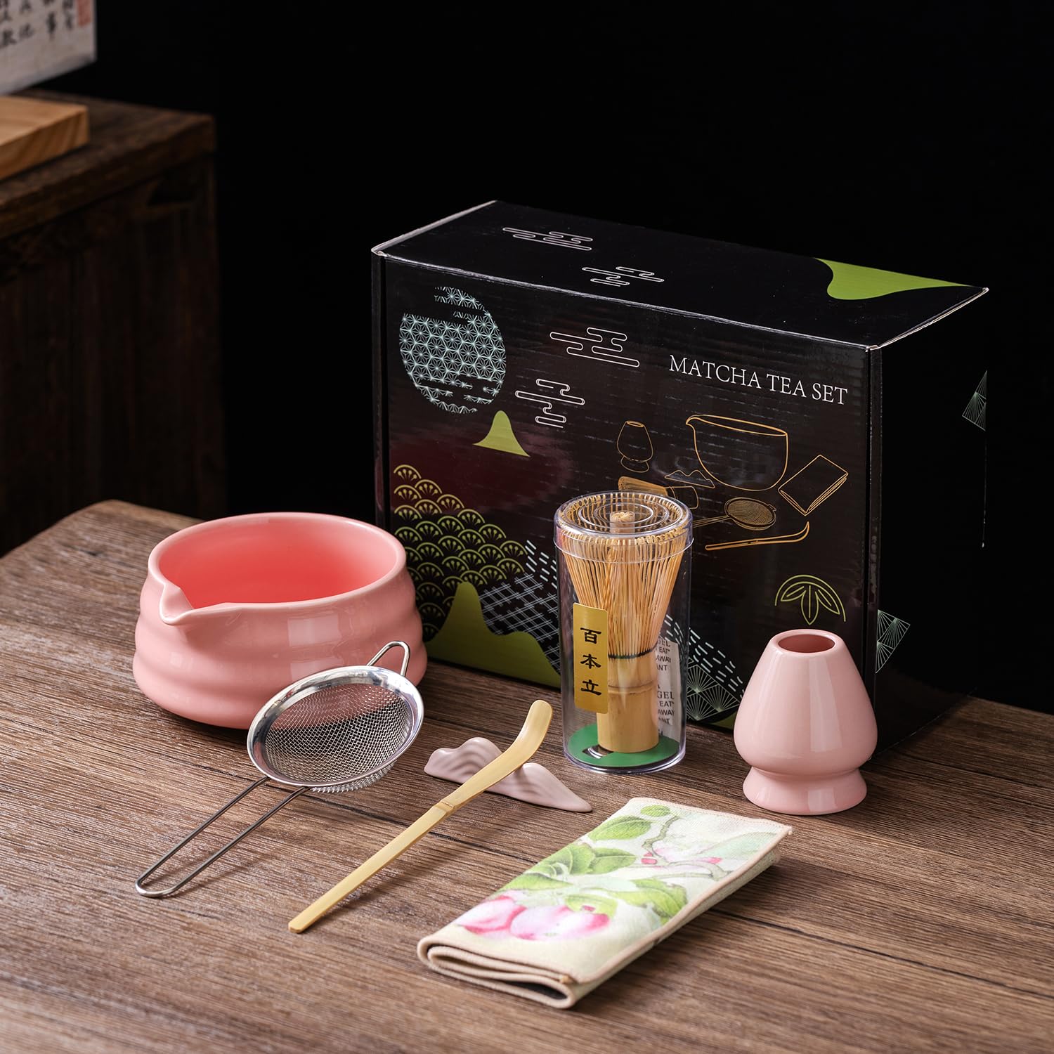 Matcha Whisk Set, Matcha Set Includes Matcha Bowl, Matcha Whisk and Holder, Matcha Scoop, Spoon Rest, Sifter and Tea Towel - 7pcs Perfect Matcha Kit for Matcha Lover