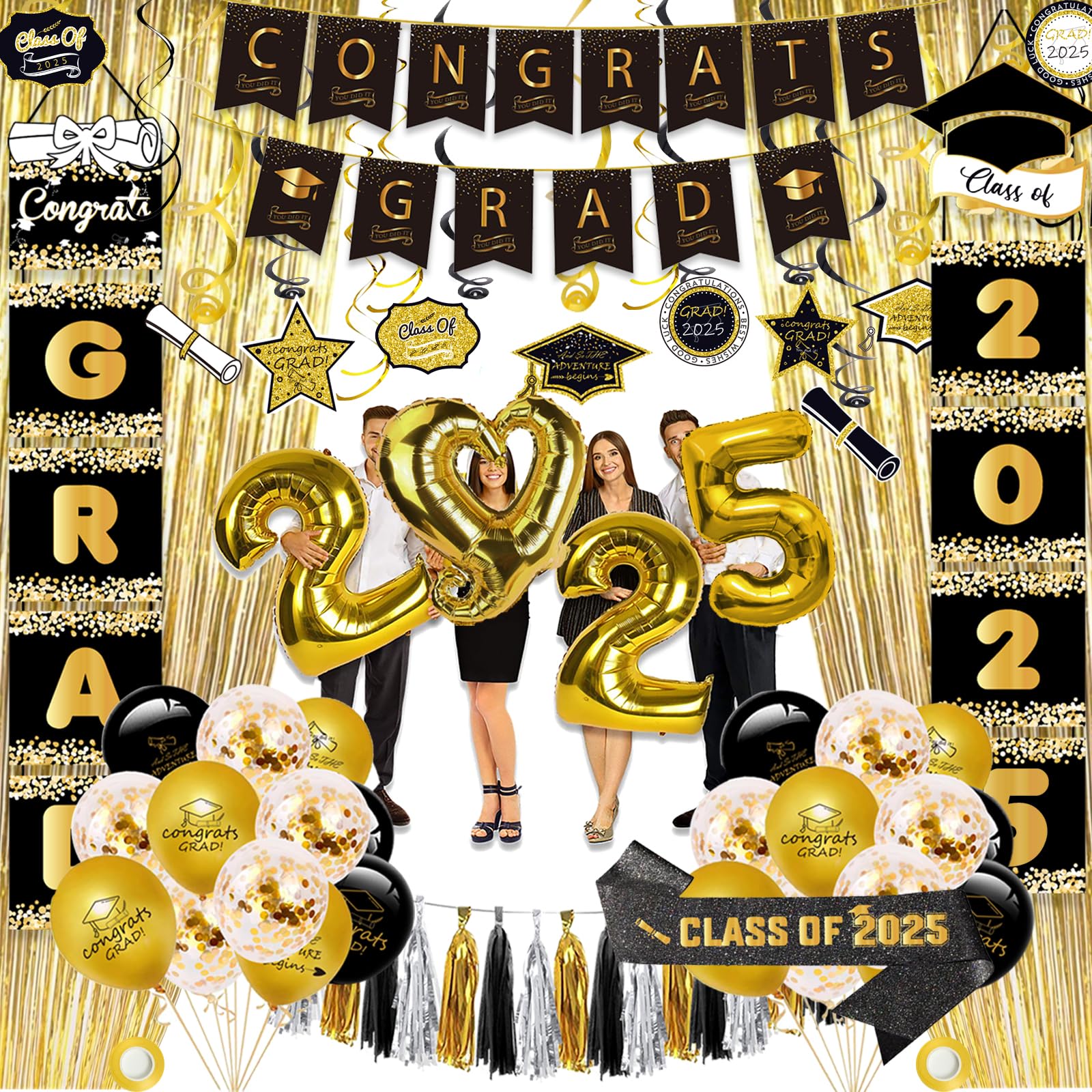 Graduation Decorations 2025, Graduation Party Decorations Pack, Graduation Party Supplies, Including Graduation Banner, Haing Swirls, Foil Fringe Curtains, Graduation Balloons, Graduation Sash
