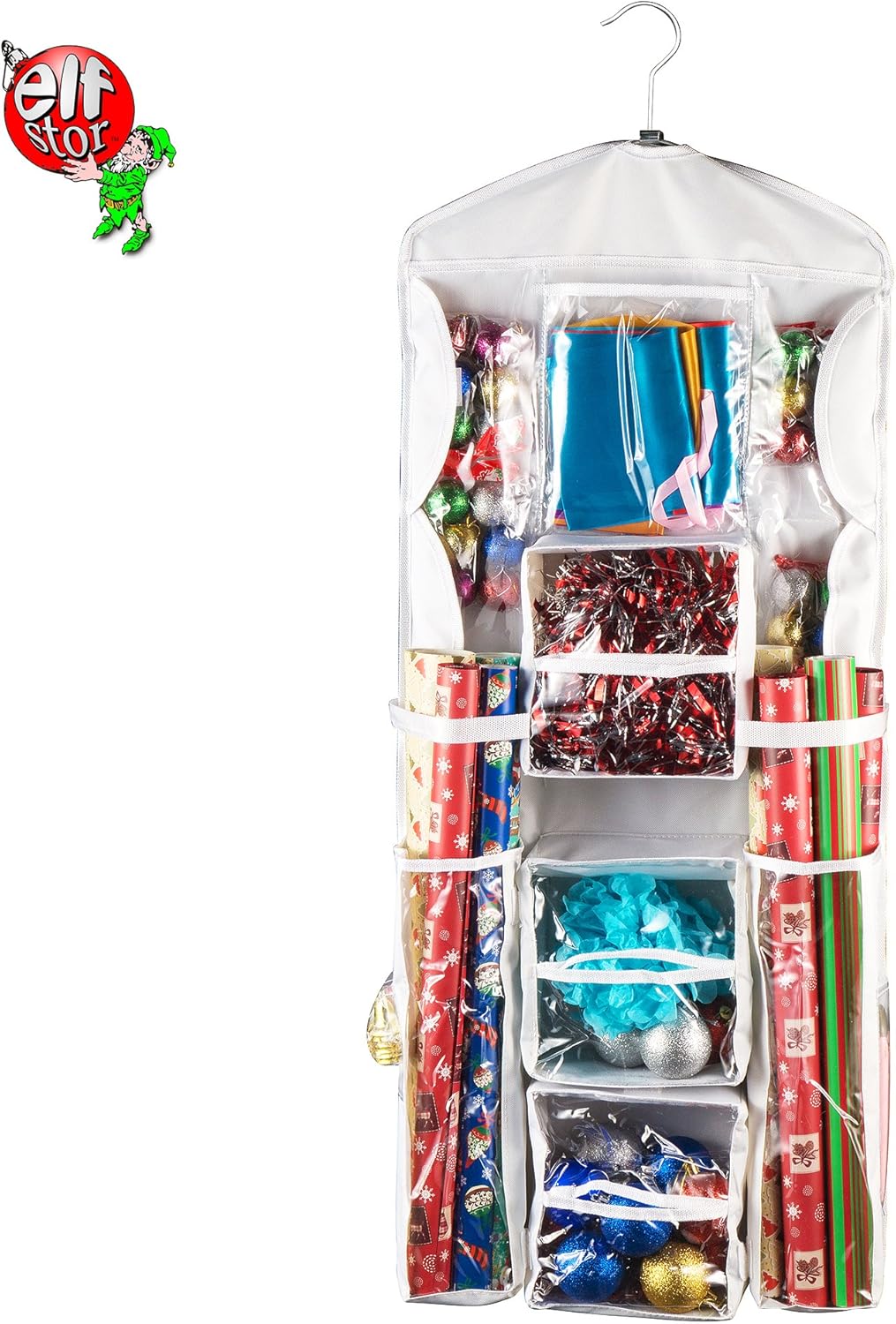 Wrapping Paper Storage Organizer- Dual Sided Hanging Gift Wrap Station- Clear Compartments for 30” Rolls, Ribbon, Bows, Gift Bags & More by Elf Stor : Home & Kitchen