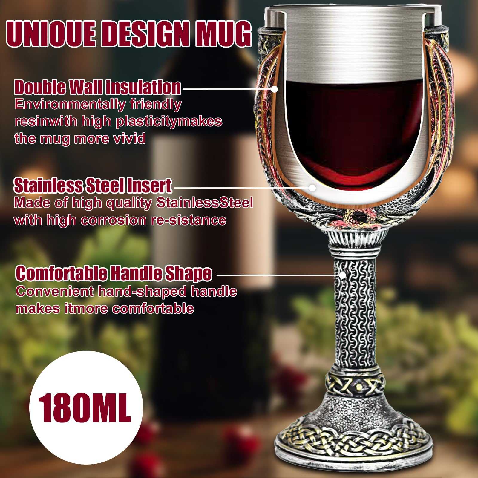 ZONSUSE Calice Drago, Calices Occhio Dragos, Bicchiere da Vino Medievale, Goblet in Acciaio Inox, Tazza Halloween 180ml (Occhi)