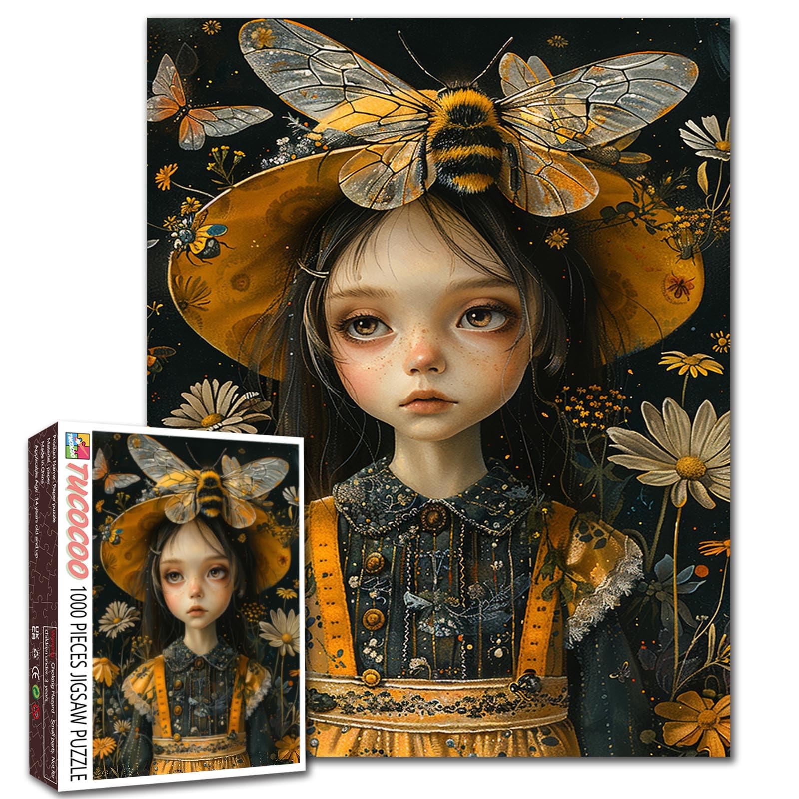 Tucocoo 1000 Piece Jigsaw Puzzles for Adults Beautiful Bumblebee Girl Painting Puzzle Garden Butterfly Flowers Art Puzzles for Challenging Family