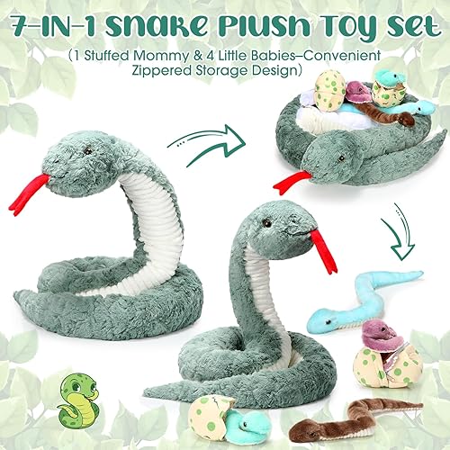 Miniatura 10 de Leitee Juego de 7 juguetes de peluche de serpiente de 63 pulgadas, serpiente grande de peluche con cremallera, juguetes de serpiente con lindas