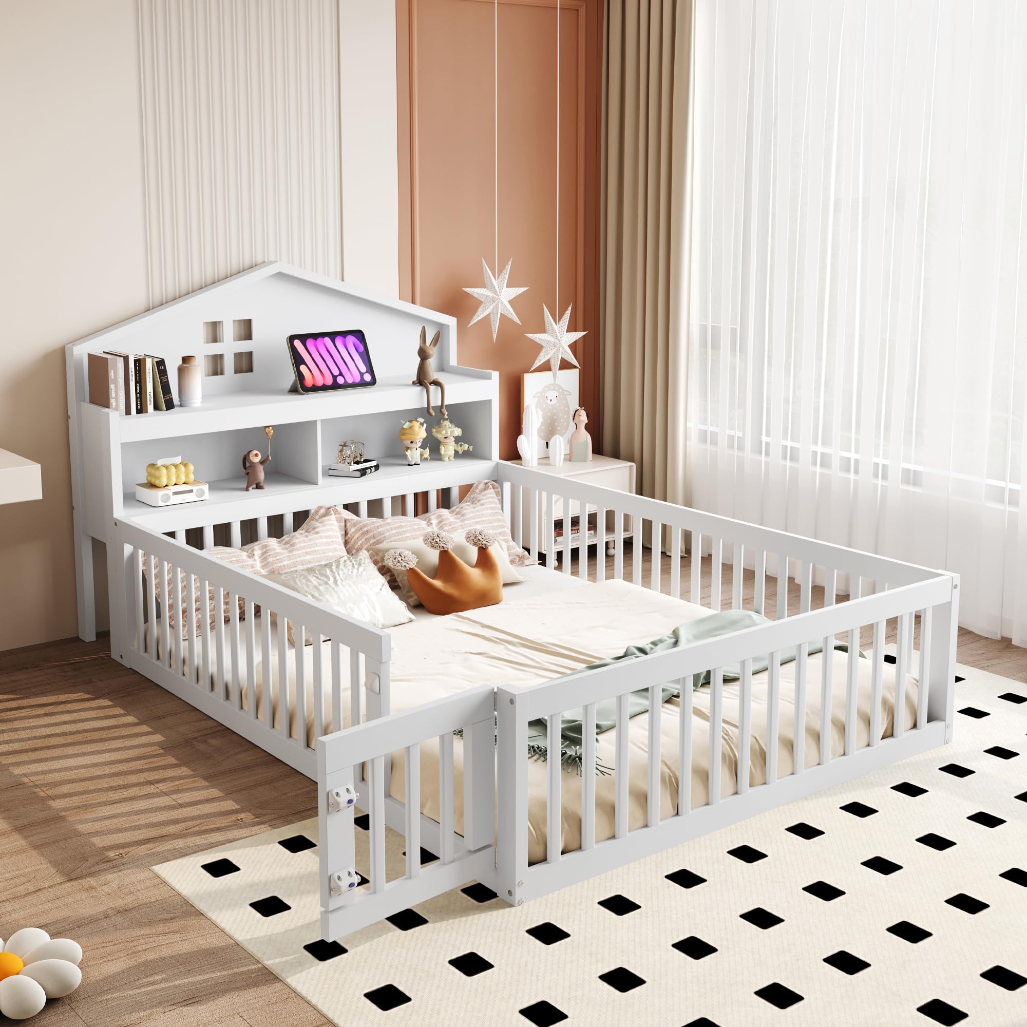 Letto per bambini 140 x 200 con Testiera Contenitore e Barra Portafoto, Montessori Letto a Terra per Bambini con Rete a doghe, Struttura Letto in Legno Massiccio, Letto Piazza e Mezza per Bambini