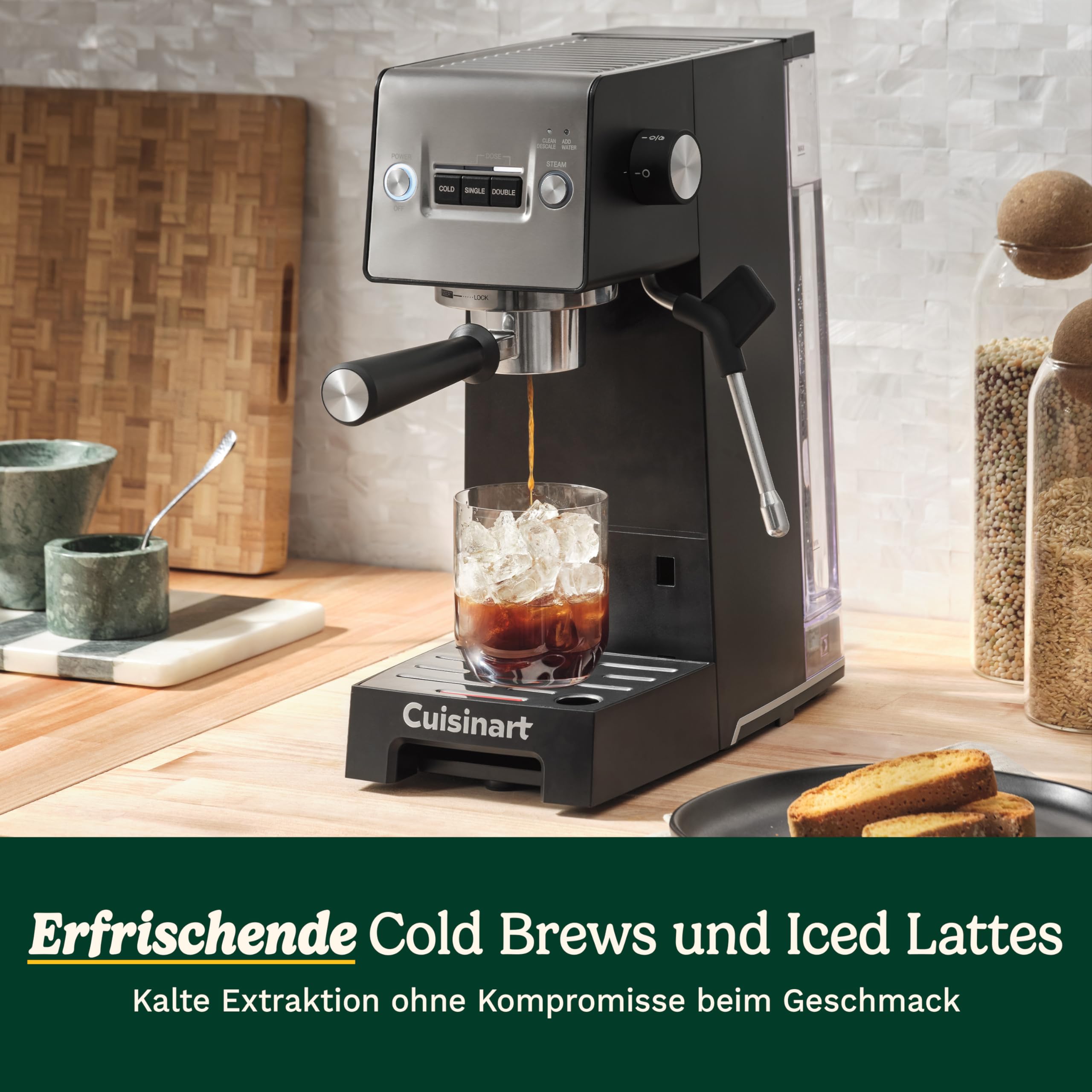 Cuisinart Slim Kaffeemaschine | Espresso, Americano, Cold Brew | Integrierter Milchaufschäumer | 15 Bar | Siebträger ohne Boden | kompakt | Reisebecher | 1,5L Tank, Edelstahl Slim