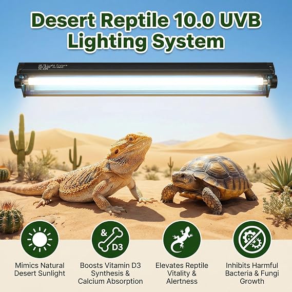T5 UVB Light Reptile Kit 24W, 10.0 UVB Light Combo Kit, 22-Inch/57.6cm Fluorescent Fixture for Bearded Dragons, Lizards, Chameleons, Turtles, Desert Reptiles in Vivariums and Terrariums