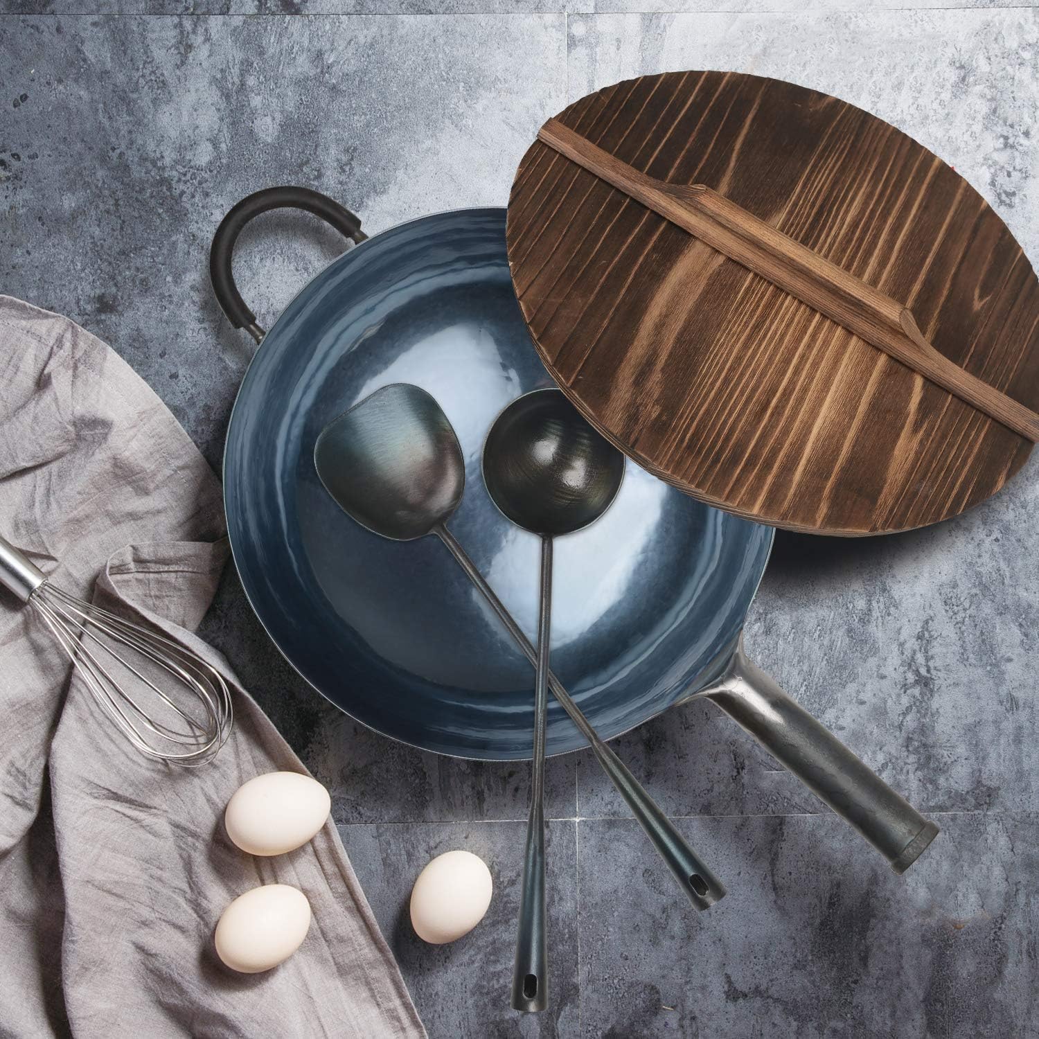 臻三环 ZhenSanHuan HandHammered Iron Wok Set, 34CM round bottom iron handle wok with a helper handle, wood lid, iron utensil set, wok shelf