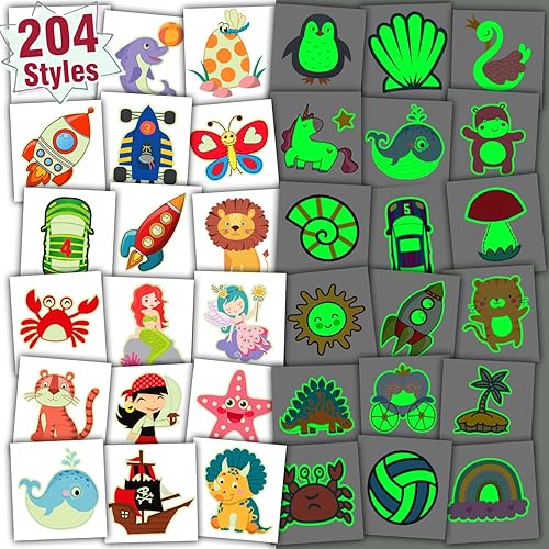 Partywind 204 estilos brillantes envueltos individualmente para tatuajes para niños, suministros luminosos para fiestas para niños y niñas, rellenos