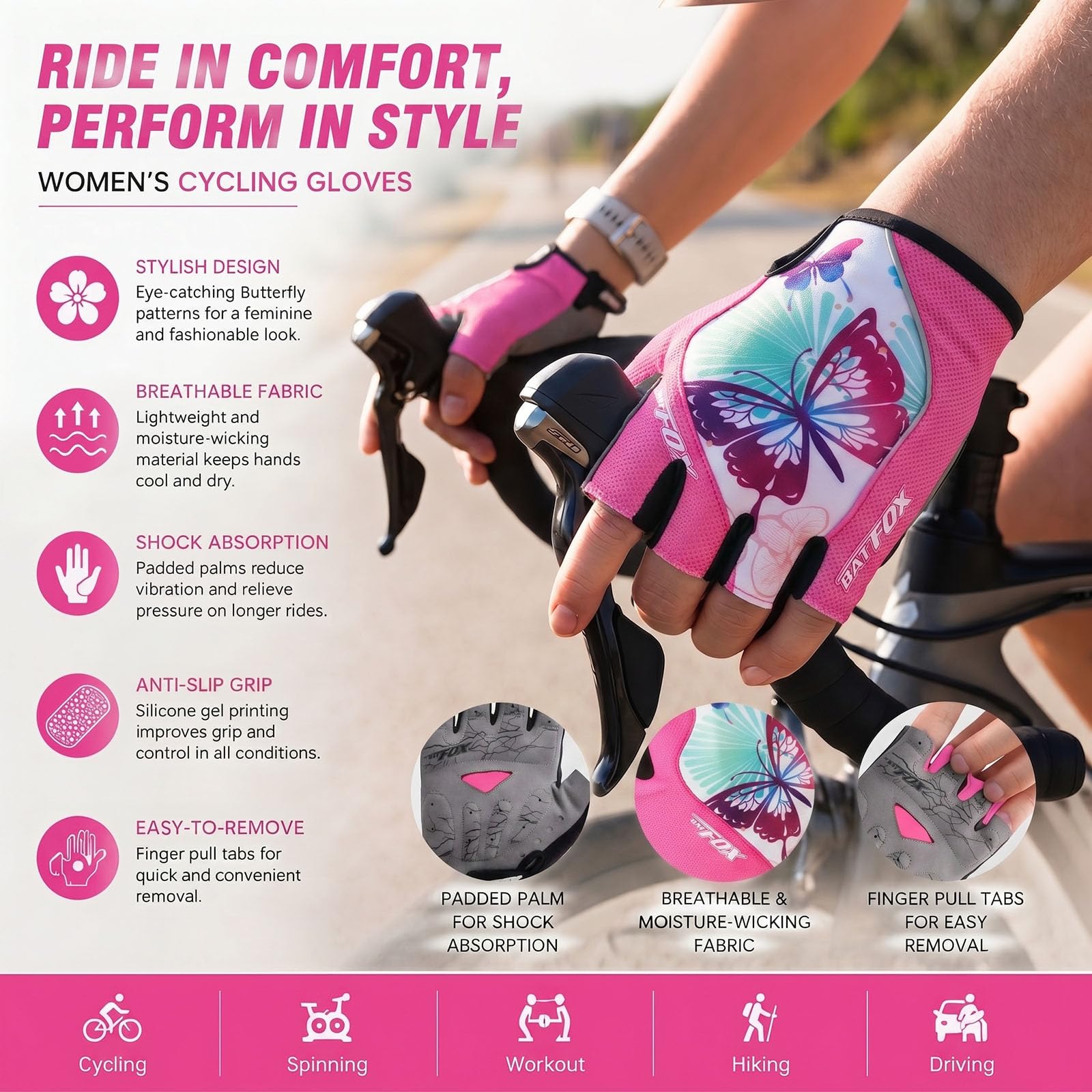 DuShow Guanti da ciclismo da donna a mezze dita, con imbottitura in gel, antiscivolo, ammortizzanti, per mountain bike, strada, bici, bici, senza dita