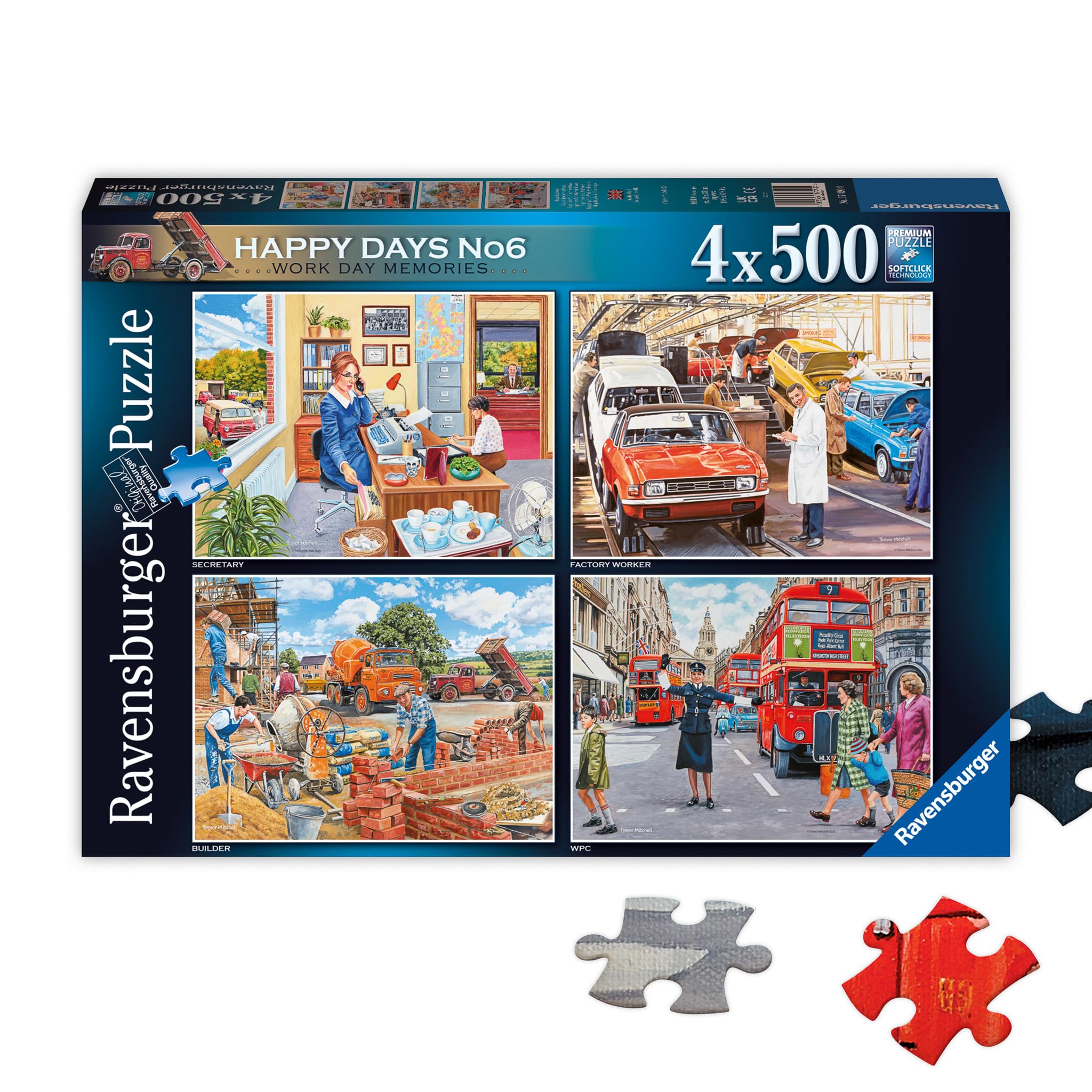Happy Days Work Day Memories - 4 x 500 Piece Jigsaw Puzzle - Bold Colors and Intricate Details of Work Lives from Yesteryear - Premium Quality - Puzzles for Adults