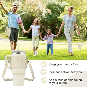 Water Bottle Holder for Stanley Tumblers with Handle Leather Carrier Strap for 40oz 30oz Stanley Cup Accessories Water Bottle Carrier with Adjustable Strap Card Holder Key Ring White