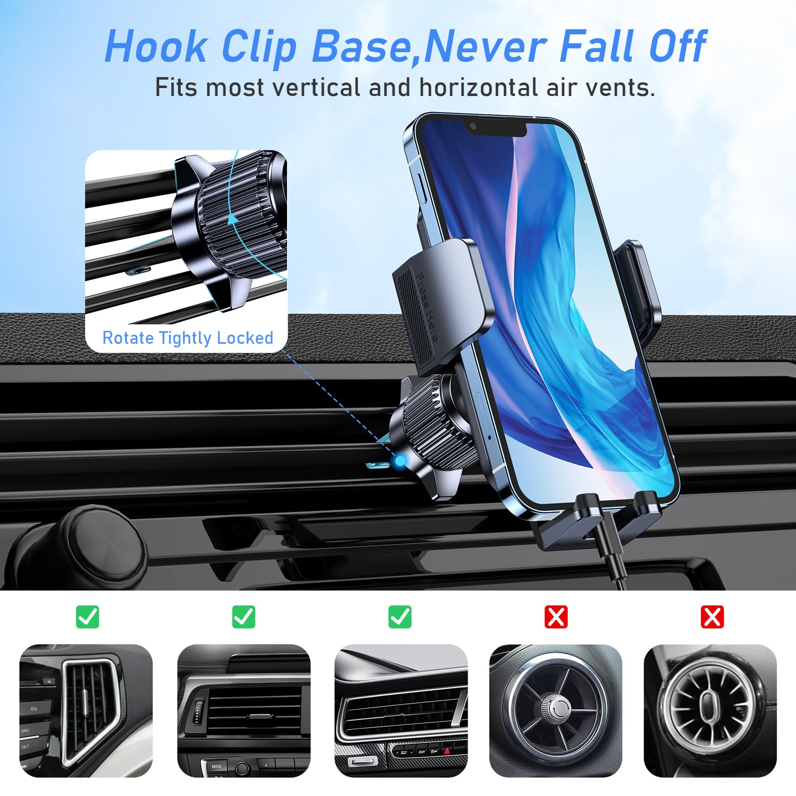 Blukar Support Téléphone Voiture, Support Grille d'aération Porte Téléphone Voiture Ventilation [Clip Amélioré&Rotation 360°& Un Bouton de Libération] Compatible avec Smartphone/GPS 4,0''-7,0''