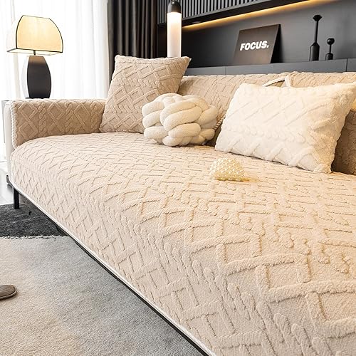 Miniatura 2 de Funda de sofá de felpa jacquard geométrico, funda antideslizante para sofá seccional, funda cálida de piel sintética (crema, 36 x 70 pulgadas, funda