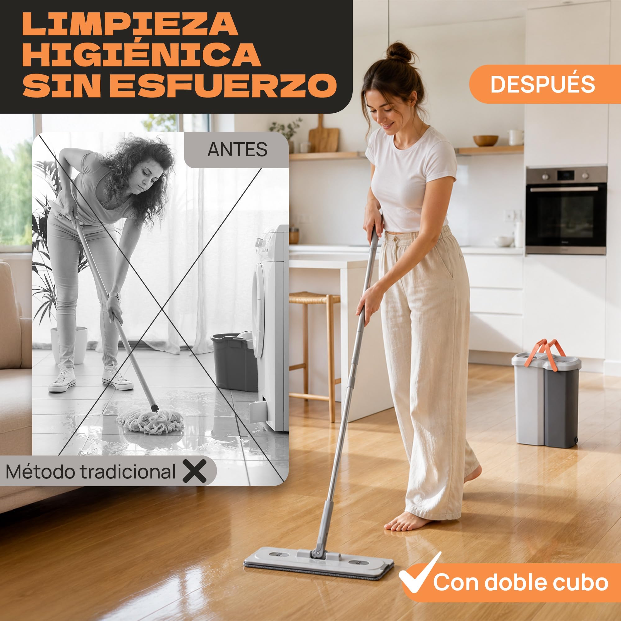 Mopa Fregona con Cubo Escurridor Doble, Sistema Separado de Agua Limpia y Sucia, Cubos Desmontables, 2 Mopas Microfibra, Fregona Plana para Todo Tipo de Suelos