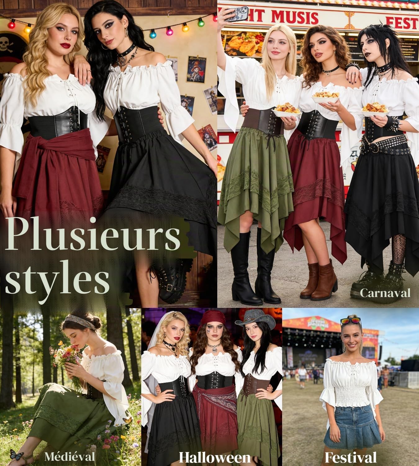 Costume Femme Pirate Médiéval Gothique Ensemble Robe Médiévale avec Chemise Blanche & Ceinture, Tenue Renaissance pour Carnaval, Mardi Gras, Halloween & Fête Médiévale