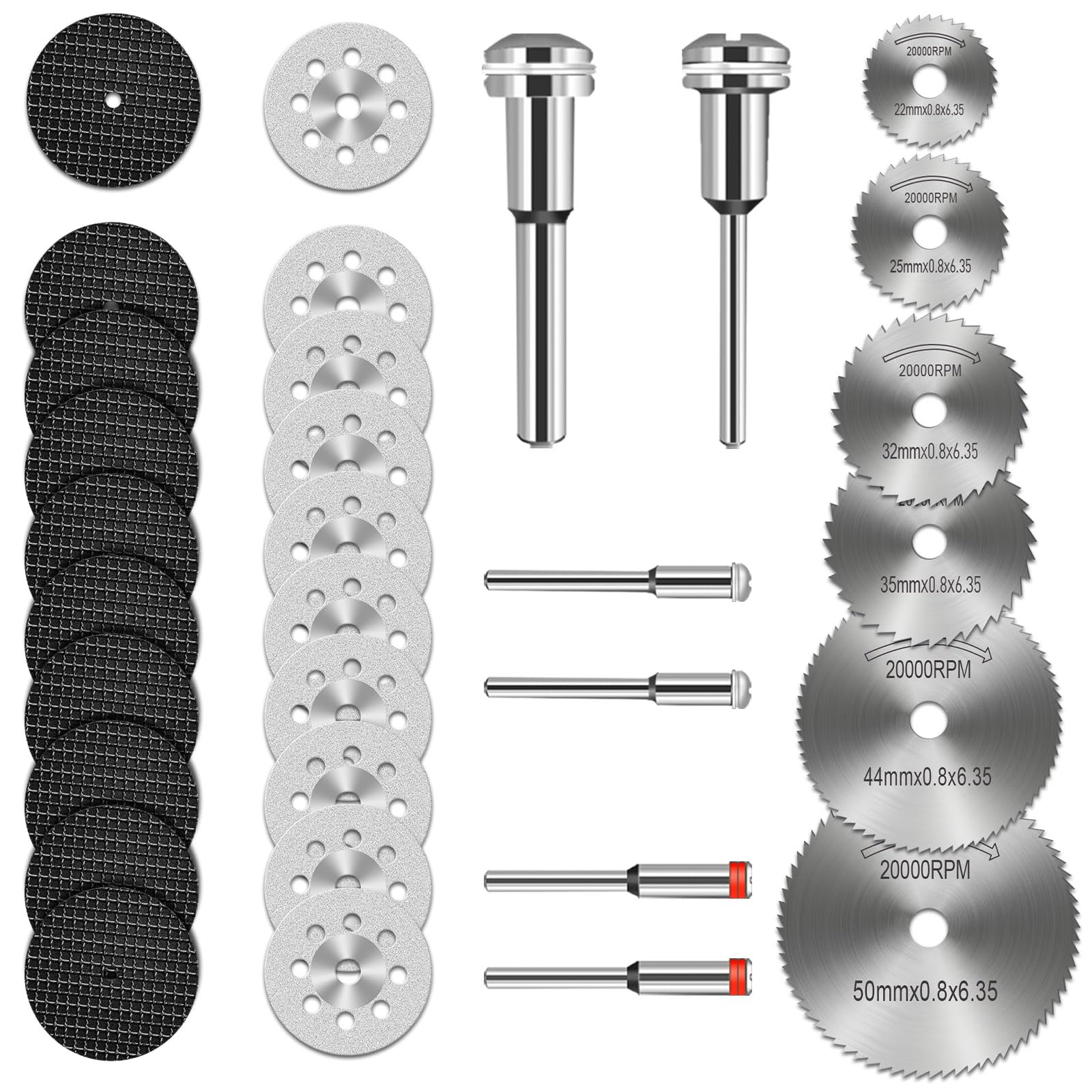Hoja de Corte, 32 Pcs Disco de Corte para Herramientas Rotativas con 6 Mandriles SC, Mini HSS Hoja de Sierra Circular Herramientas Rotativas para Madera Piedra Metal