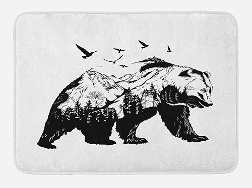 Miniatura 1 de Ambesonne Tapete de baño de oso, silueta de mamífero, paisaje de montaña, pájaros voladores y bosque, tapete de decoración de baño de felpa con