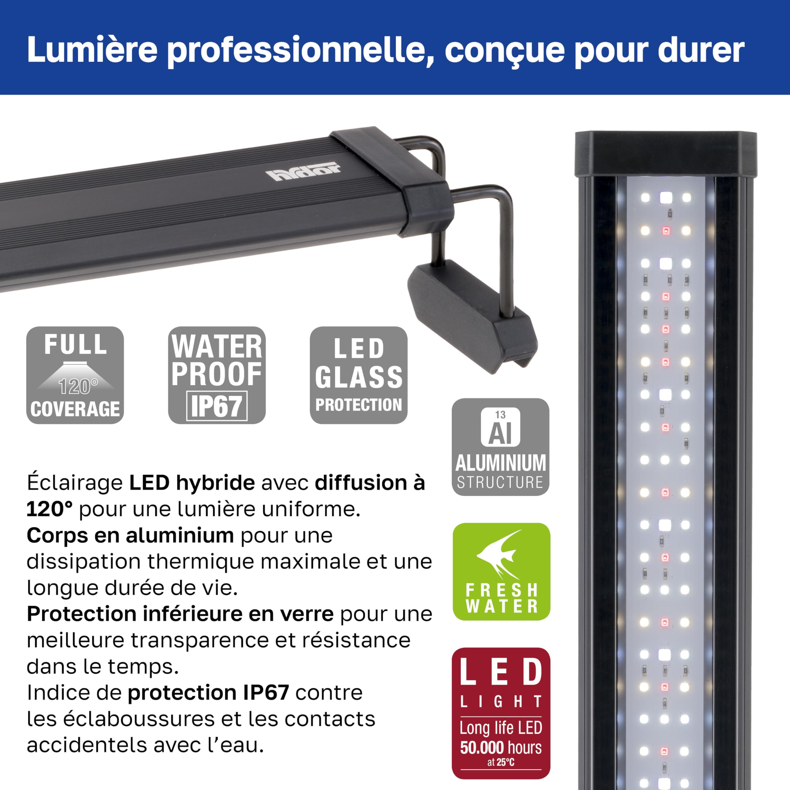 Hydor Lampe Aquarium LED AQ-LUX Fresh 700, 36 W (3000 LM) Spectre Professionnel, Dimmer et Timer Programmables, Supports Réglables, Alimentation INCL, IP67, 72 x 8 x h 9,5 cm.