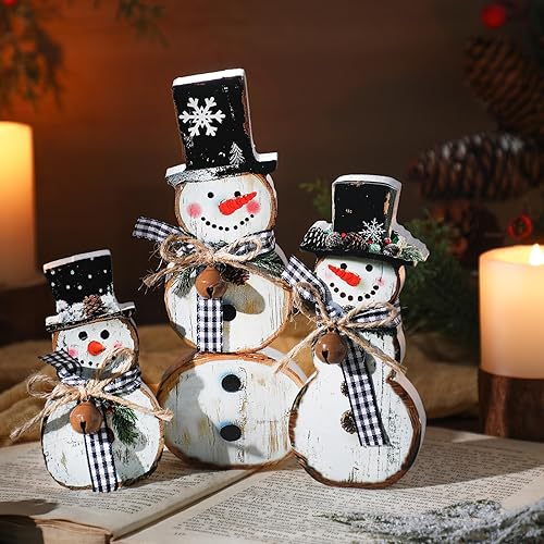 Miniatura 6 de Barydat 3 piezas de muñeco de nieve de Navidad decoraciones de madera rústico sombrero de copa muñeco de nieve centros de mesa para Navidad, fiesta
