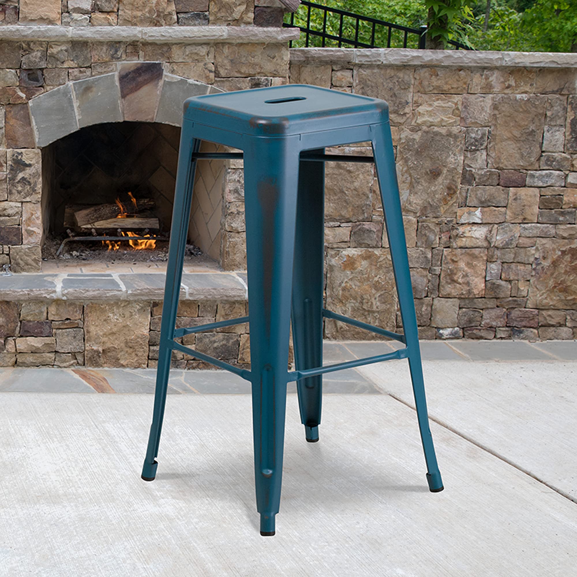 Flash Furniture Kai Commercial Grade 30" High Backless Distressed Antique Blue Metal Indoor-Outdoor Barstool
