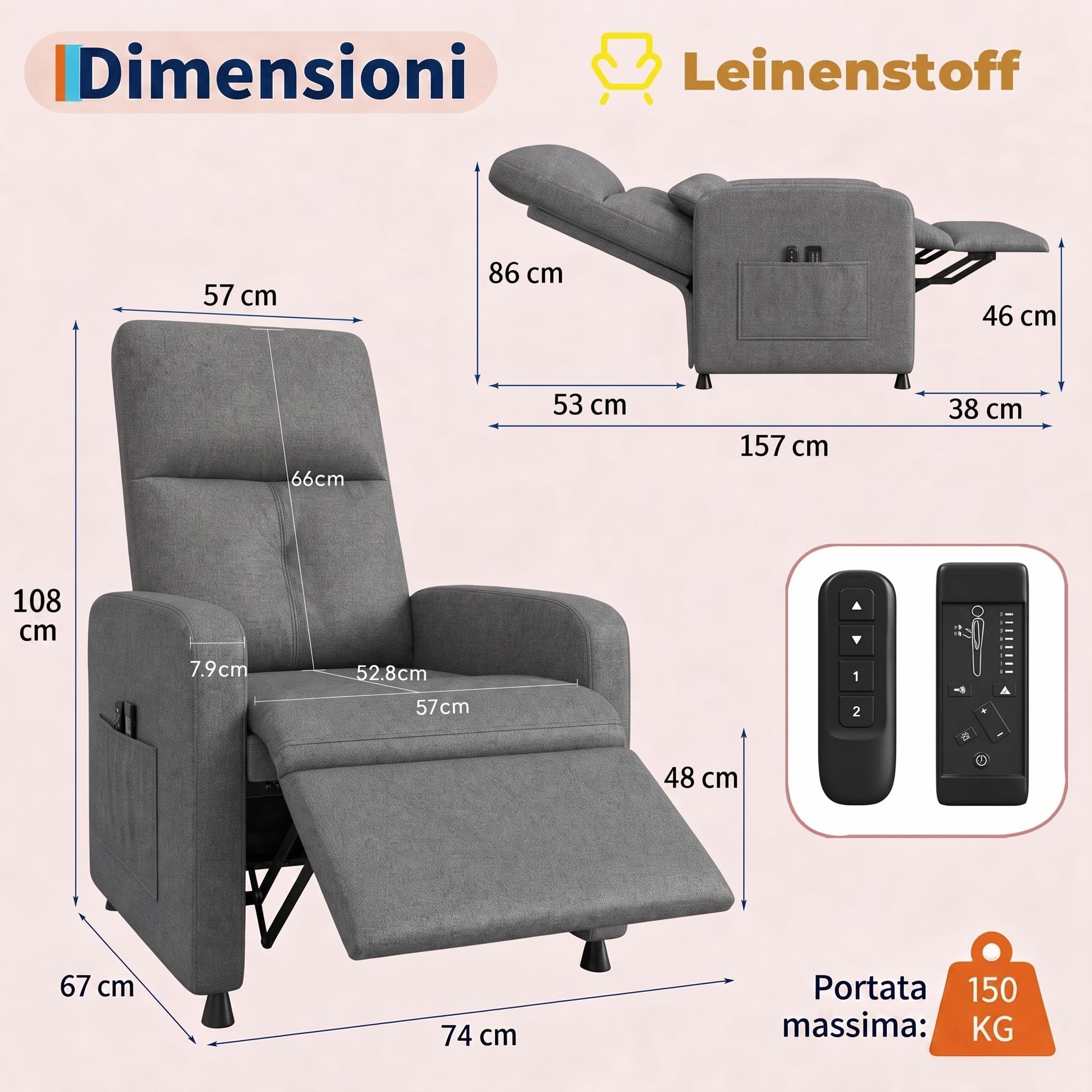 Litake Poltrona Relax Elettrica Reclinabile con Massaggio e Riscaldamento - Schienale e Poggiapiedi Regolabili - Imbottitura Spessa in Tessuto - Ideale per Soggiorno, Camera da Letto o Ufficio -