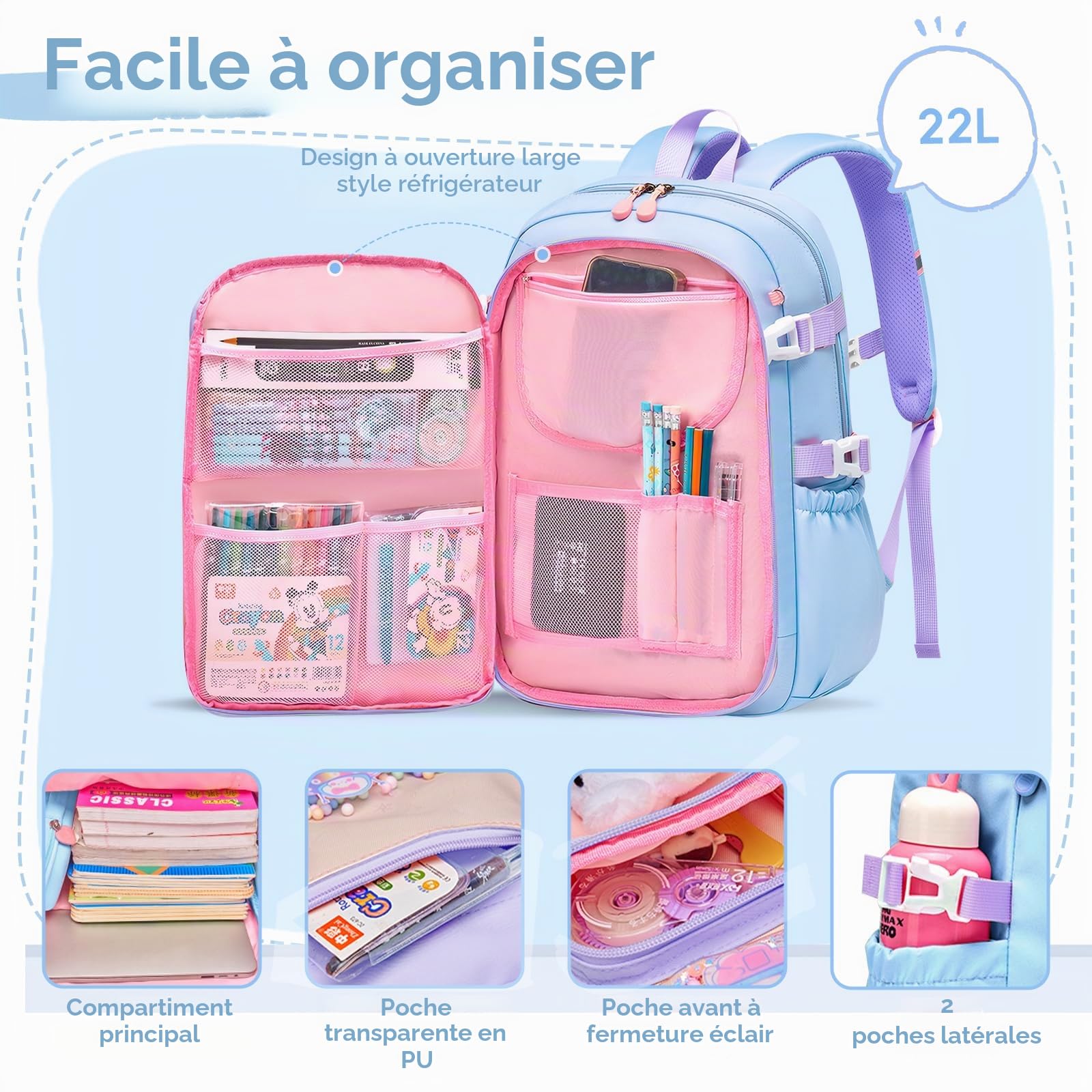 Tanou Sac d'école Fille Primaire, Cartable Scolaire Kawaii en 3 Pièces | Léger et Confortable Sac à Dos Fille avec Sac repas et Trousses, CE1 au CM2, Bleu