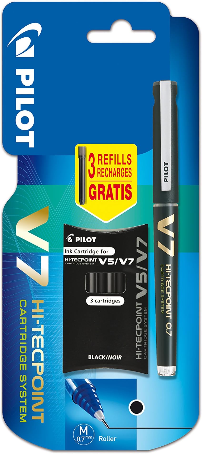 V7 Cartridge System Liquid Ink Rollerball 0.7 mm Tip - Black, Single Pen with 3 Free Refills