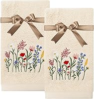 JarThenaAMCS 2-Pack Vintage Floral Embroidered Cotton Hand Towels with Ribbons - Retro Wildflower Kitchen Bath Towels, 29.5x13.7 Inch